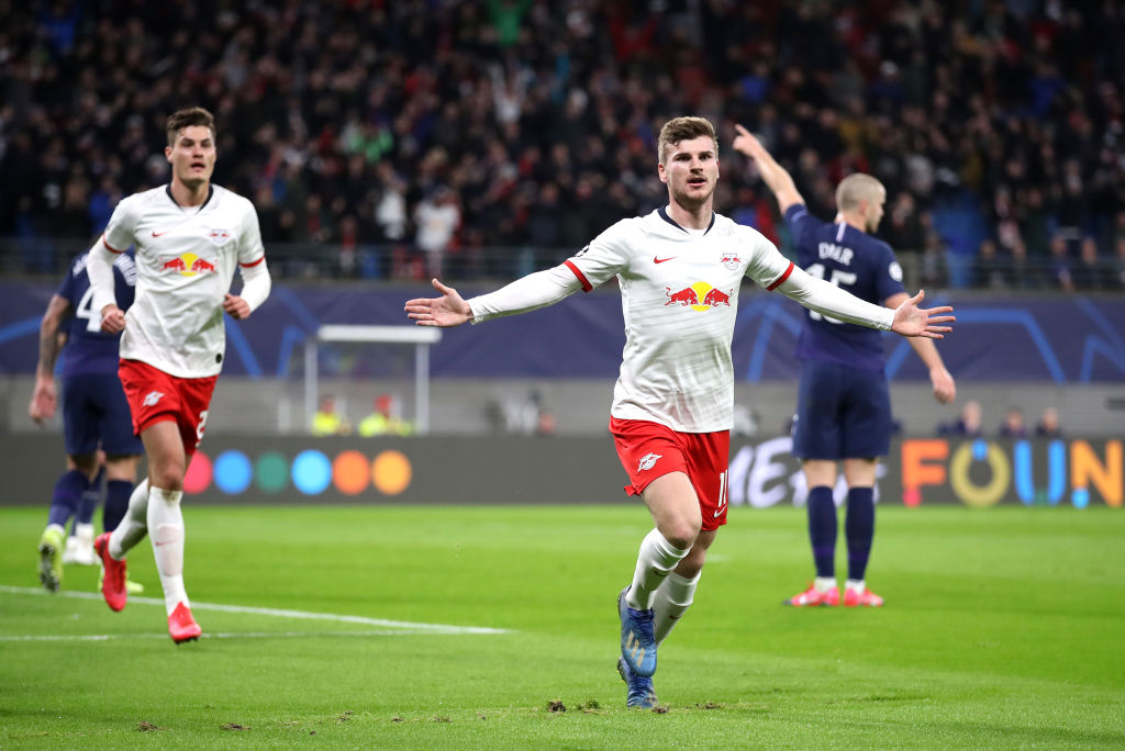 LEIPZIG, GERMANY - MARCH 10: Timo Werner of RB Leipzig celebrates after scoring a goal which was later disallowed during the UEFA Champions League round of 16 second leg match between RB Leipzig and Tottenham Hotspur at Red Bull Arena on March 10, 2020 in Leipzig, Germany. (Photo by Alex Grimm/Bongarts/Getty Images)