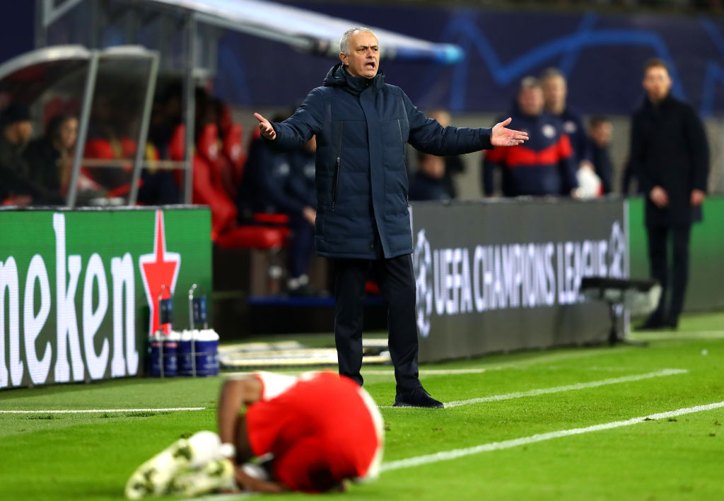 LEIPZIG, GERMANY - MARCH 10: Jose Mourinho, Manager of Tottenham Hotspur reacts during the UEFA Champions League round of 16 second leg match between RB Leipzig and Tottenham Hotspur at Red Bull Arena on March 10, 2020 in Leipzig, Germany. (Photo by Martin Rose/Bongarts/Getty Images)