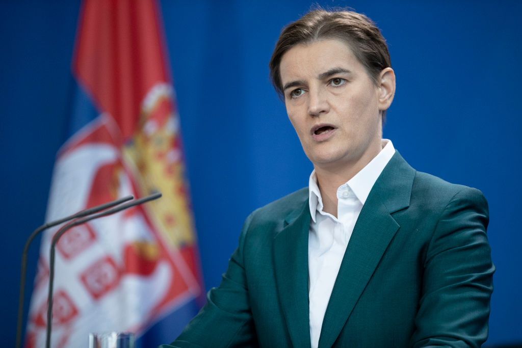 BERLIN, GERMANY - SEPTEMBER 18: Serbian Prime Minister Ana Brnabic speaks at a press conference after a meeting with German Chancellor Angela Merkel at the Chancellery in Berlin on September 18, 2019 in Berlin, Germany. (Photo by Maja Hitij/Getty Images)