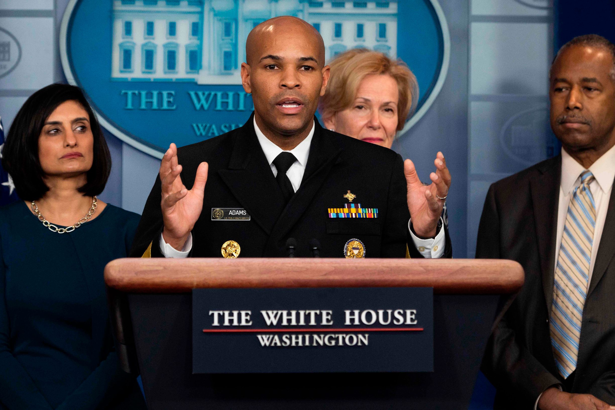 US Surgeon General Jerome Adams speaks during a press briefing about the Coronavirus (COVID-19) in the Brady Press Briefing Room at the White House in Washington, DC, March 14, 2020. (Photo by JIM WATSON / AFP)