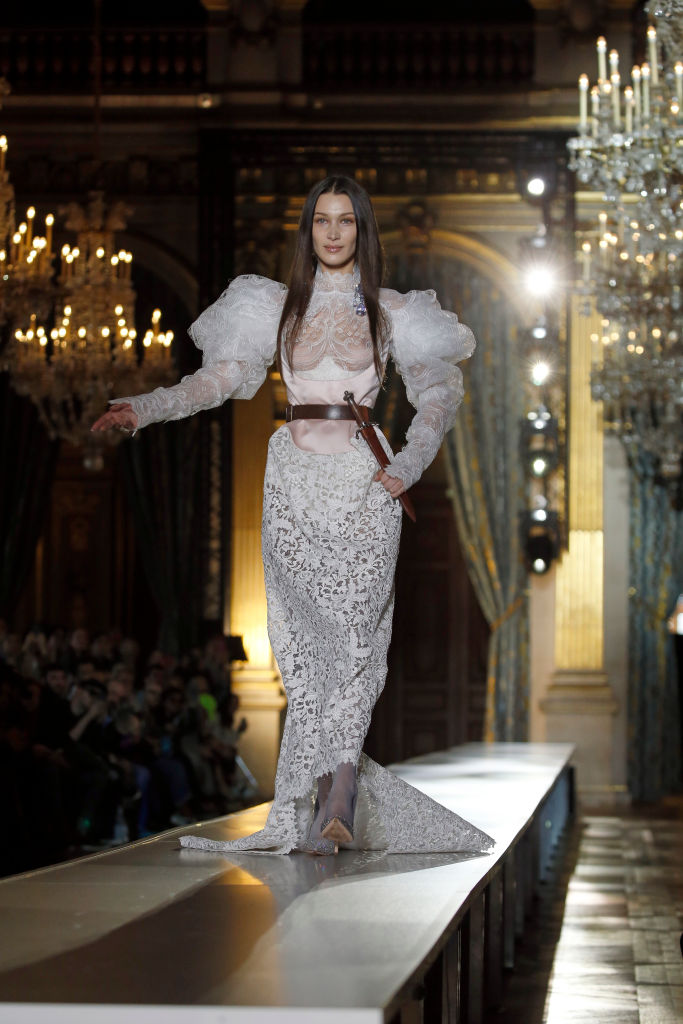 PARIS, FRANCE - FEBRUARY 29: (EDITORIAL USE ONLY) (EDITORS NOTE: Image contains nudity.) US model Bella Hadid model walks the runway during the  show as part of the Paris Fashion Week Womenswear Fall/Winter 2020/2021 on February 29, 2020 in Paris, France. (Photo by Thierry Chesnot/Getty Images)