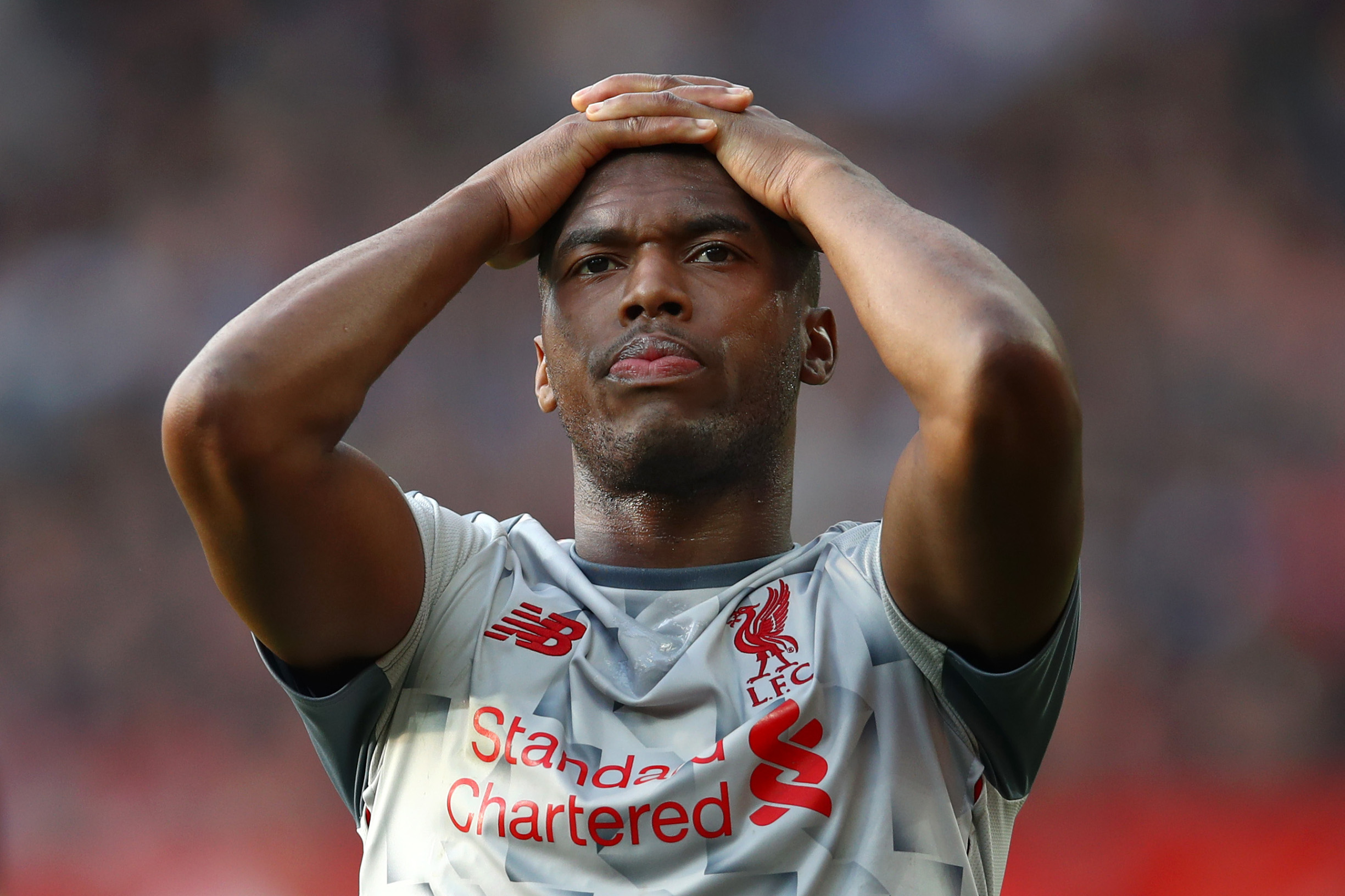 MANCHESTER, ENGLAND - FEBRUARY 24:  Daniel Sturridge of Liverpool reacts during the Premier League match between Manchester United and Liverpool FC at Old Trafford on February 24, 2019 in Manchester, United Kingdom.  (Photo by Clive Brunskill/Getty Images)