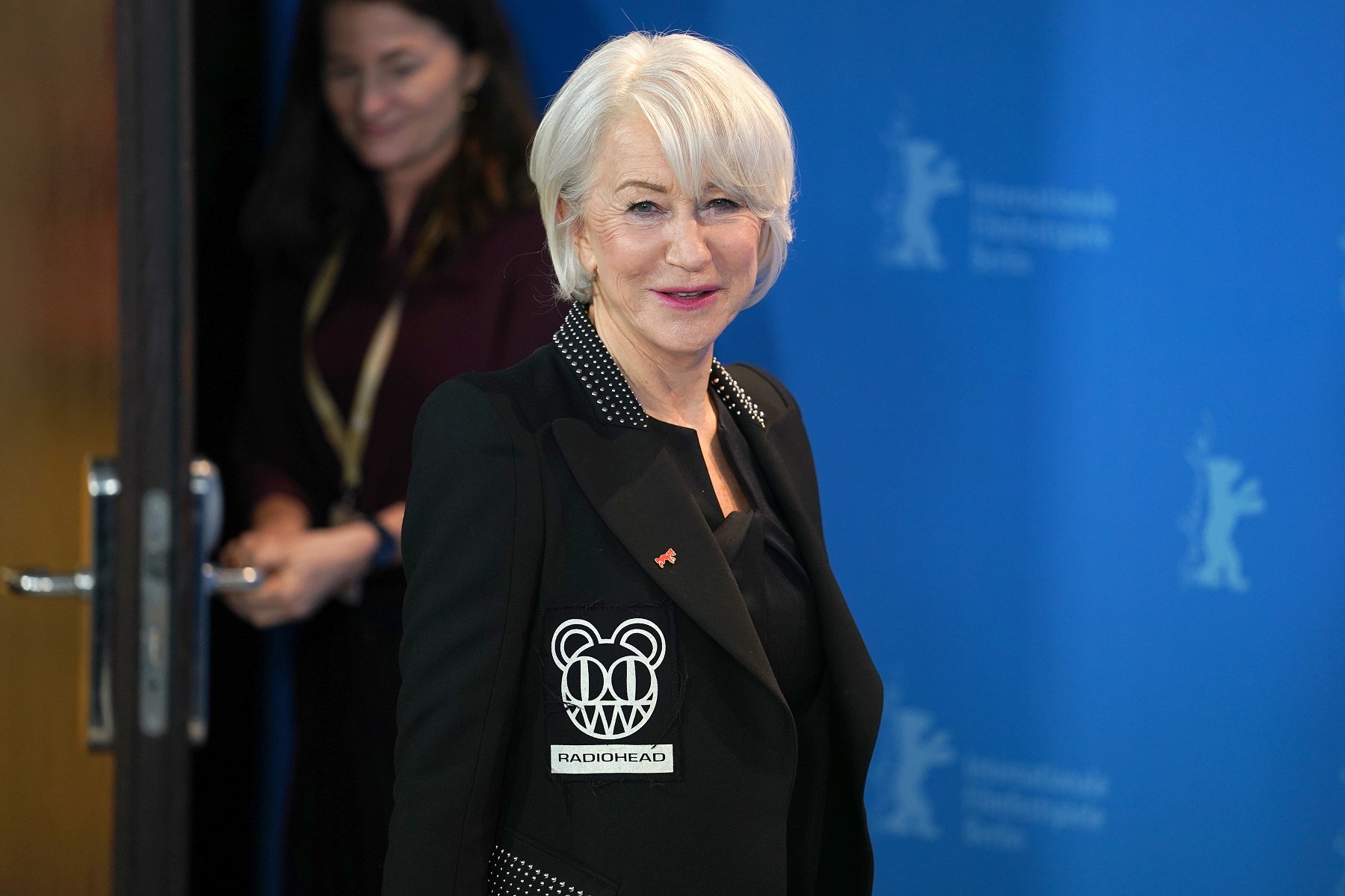 BERLIN, GERMANY - FEBRUARY 27: Helen Mirren wearing a 'Radiohead' patch on her jacket is seen at the 