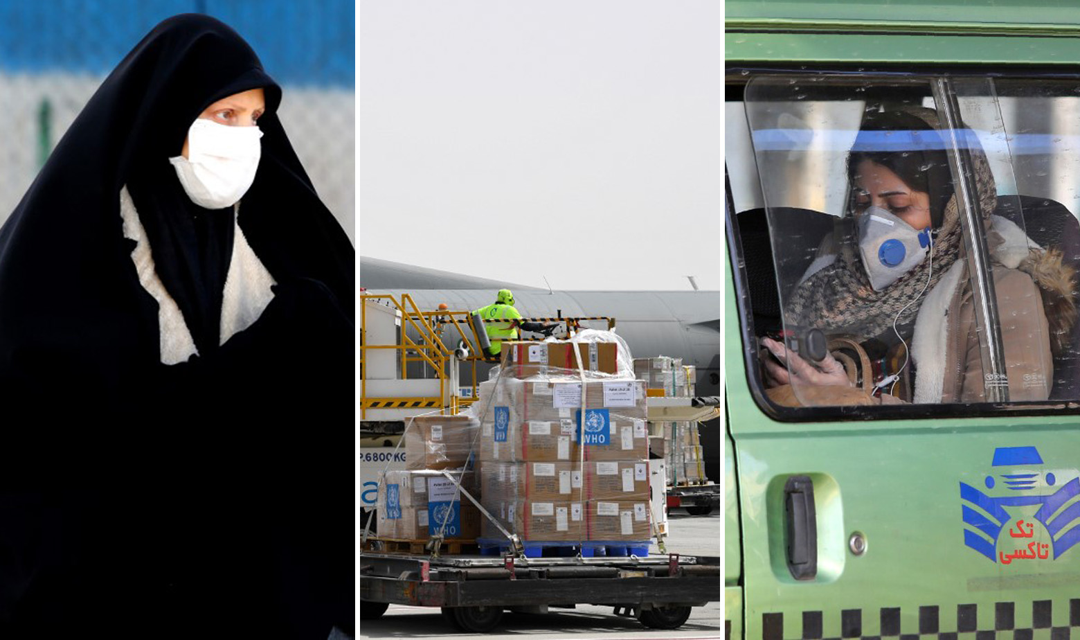Prizori iz Irana (lijevo i desno) i pomoć u lijekovima od WHO-a (sredina)