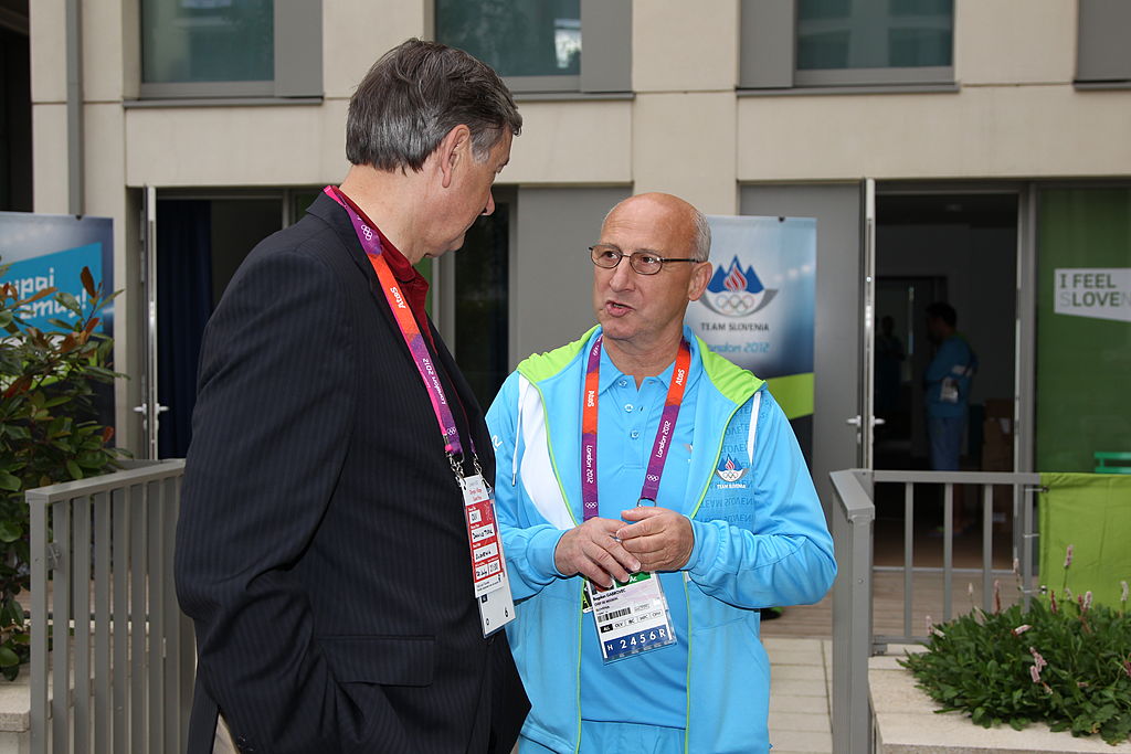 LONDON, ENGLAND - JULY 28:  Danilo Türk, the President of Slovenia and Bogdan Gabrovec during a tour of  the Olympic Village on Day 1 of the London 2012 Olympics Games on July 28, 2012 in London, England. (Photo by Scott Halleran/Getty Images)