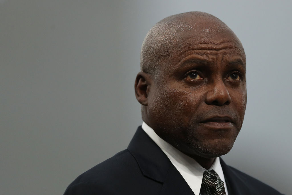 LIMA, PERU - AUGUST 07: Former United States of America Olympian and multiple gold medal winner Carl Lewis looks on before the medal ceremony of Men's 100m on Day 12 of Lima 2019 Pan American Games at Athletics Stadium of Villa Deportiva Nacional on August 07, 2019 in Lima, Peru. (Photo by Patrick Smith/Getty Images)
