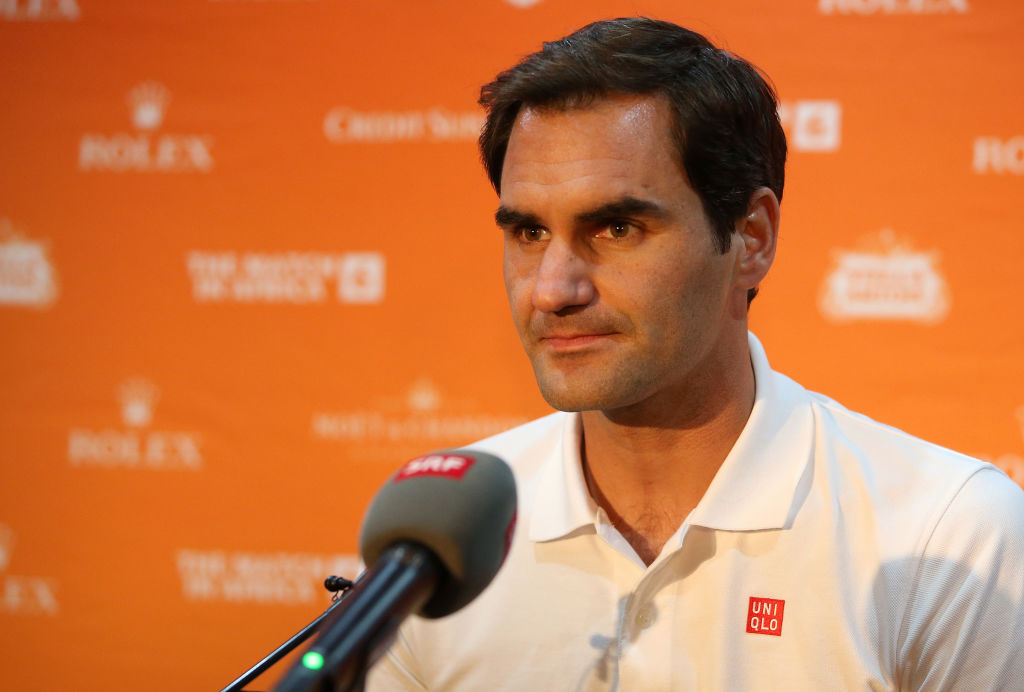 CAPE TOWN, SOUTH AFRICA - FEBRUARY 05:  Roger Federer during the arrival press conference in Cape Town ahead of The Match in Africa against Rafael Nadal at Cape Town International Airport on February 05, 2020 in Cape Town, South Africa. (Photo by Reg Caldecott/Gallo Images/Getty Images)