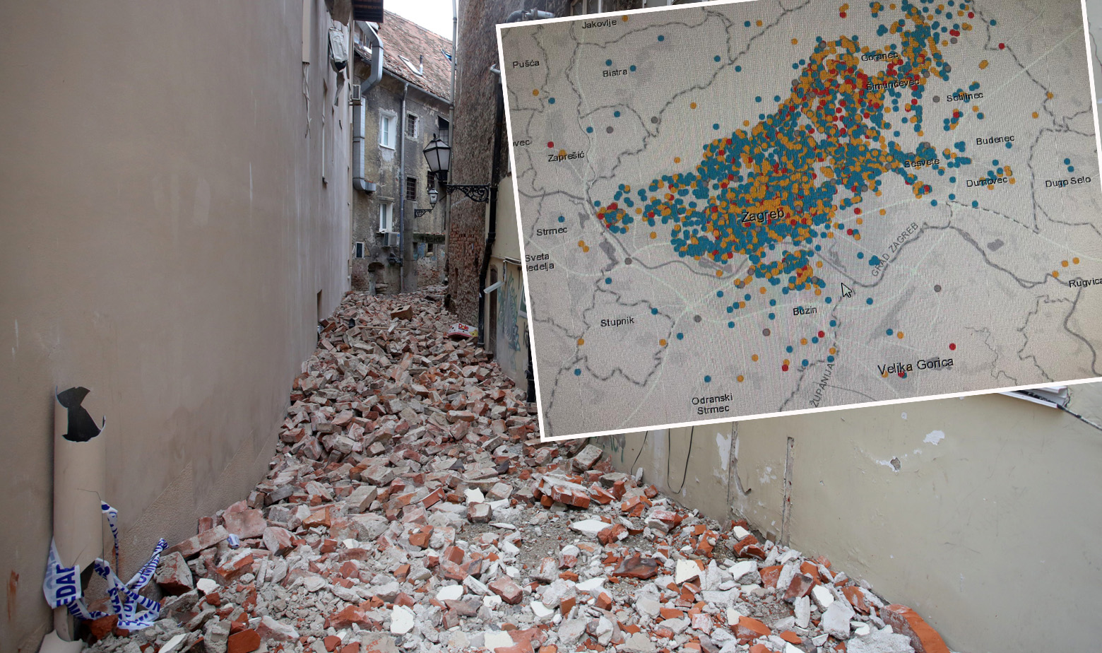 Šteta od potresa i karta koja pokazuje razinu oštećenja zgrada