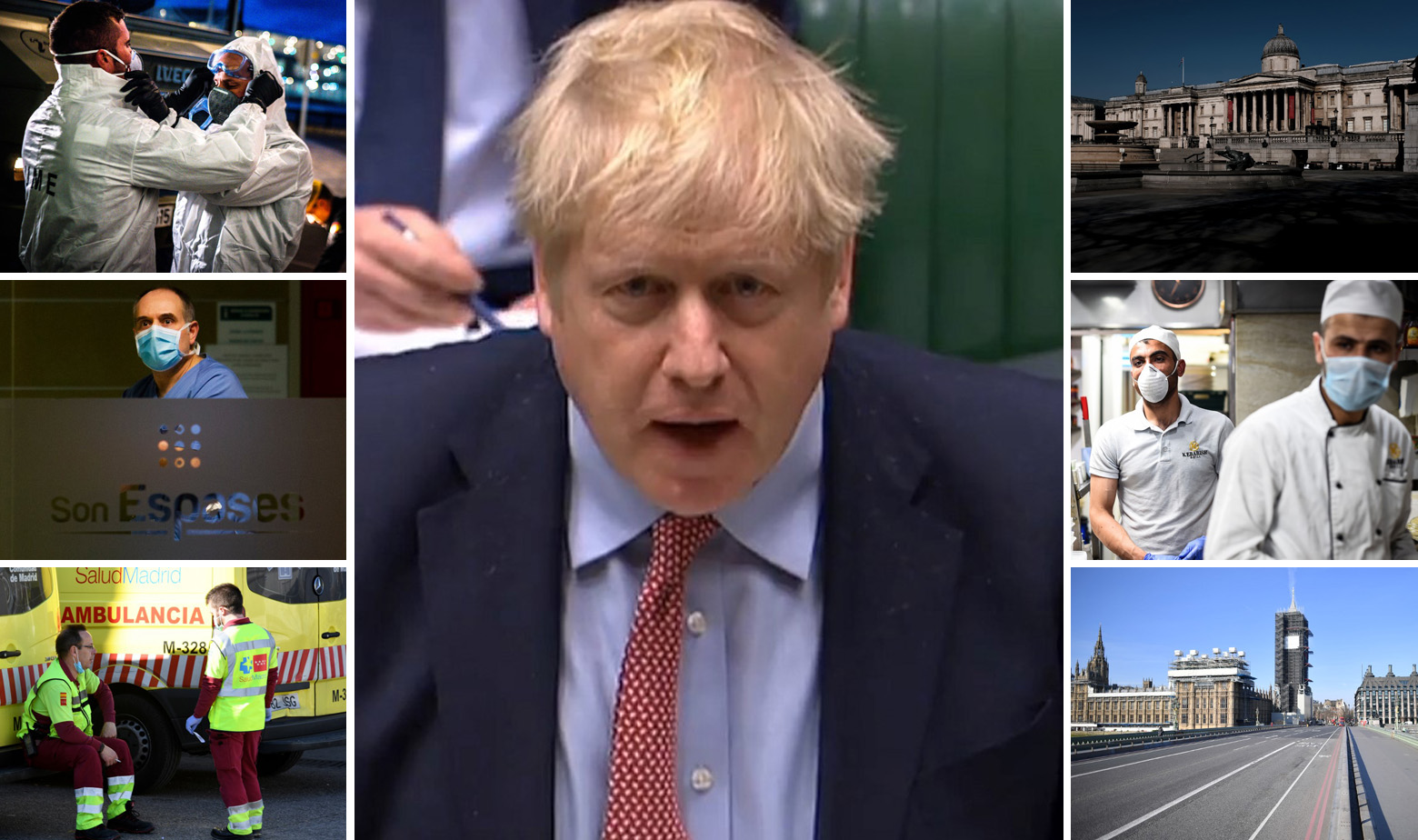 Boris Johnson i prizori iz Velike Britanije (desno) i Španjolske (lijevo)