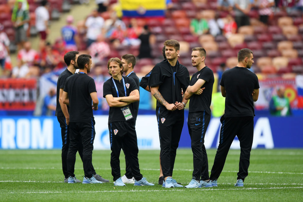 MOSCOW, RUSSIA - JULY 15:  Filip Bradaric, Luka Modric and Duje Caleta-Car of Croatia look on during a pitch inspection prior to the 2018 FIFA World Cup Final between France and Croatia at Luzhniki Stadium on July 15, 2018 in Moscow, Russia.  (Photo by Shaun Botterill/Getty Images)