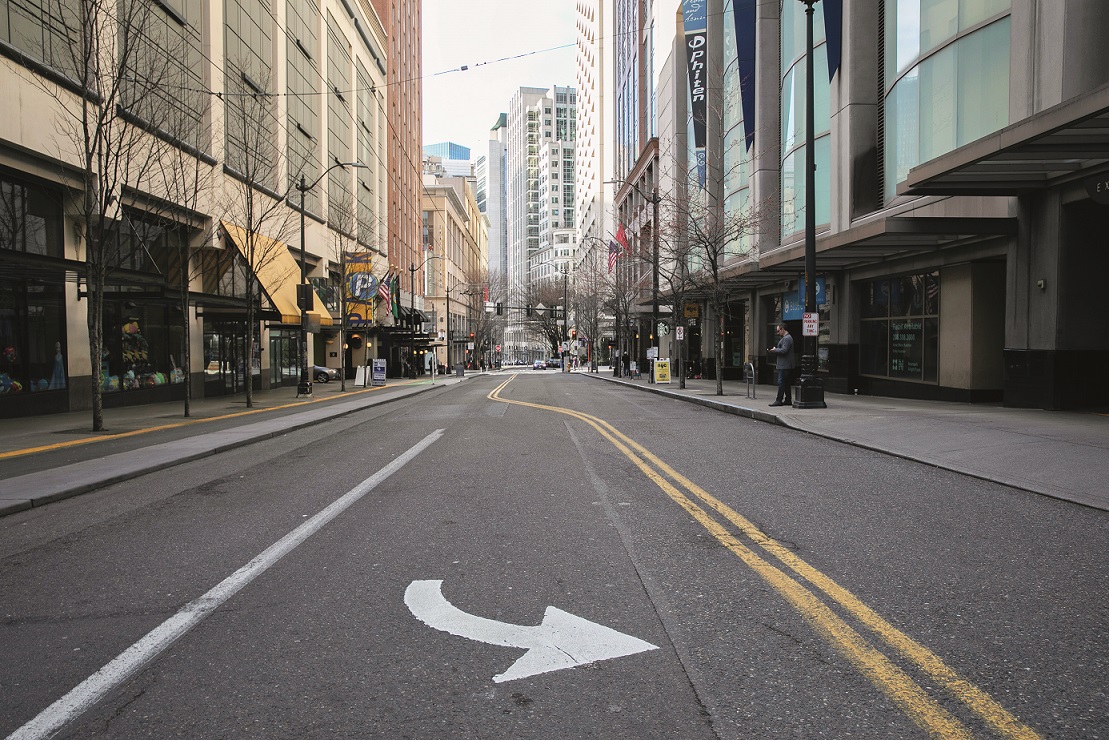 SEATTLE, WASHINGTON - MARCH 12: Normally busy downtown streets are virtually empty at rush hour due to coronavirus fears on March 12, 2020 in Seattle, Washington. Major employers like Amazon and many others have asked employees to work from home to help slow the spread of COVID-19. (Photo by John Moore/Getty Images)