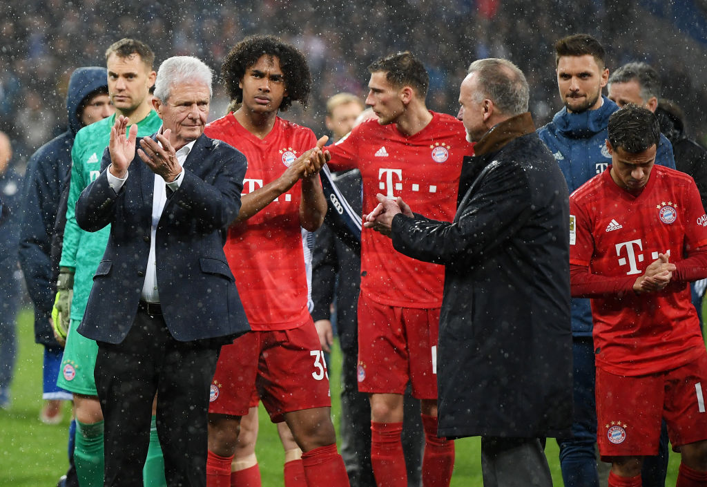SINSHEIM, GERMANY - FEBRUARY 29: Karl-Heinz Rummenigge and Dietmar Hopp come together with players to applaud the home fans after demonstrations after the Bundesliga match between TSG 1899 Hoffenheim and FC Bayern Muenchen at PreZero-Arena on February 29, 2020 in Sinsheim, Germany. (Photo by Matthias Hangst/Bongarts/Getty Images)