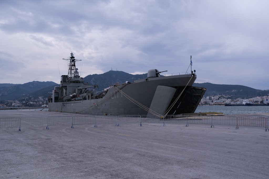 LESBOS, GREECE - MARCH 04: A view of a military ship is seen after it docked at a harbour in Lesbos, Greece on March 04, 2020. Anadolu Agency reporters were not allowed on the board on the contrary other journalists. Aggelos Barai / Anadolu Agency