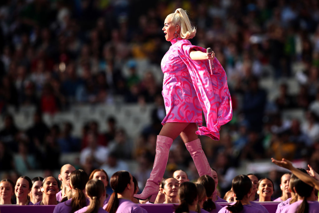 MELBOURNE, AUSTRALIA - MARCH 08: Katy Perry performs during the ICC Women's T20 Cricket World Cup Final between India and Australia at the Melbourne Cricket Ground on March 08, 2020 in Melbourne, Australia. (Photo by Cameron Spencer/Getty Images)