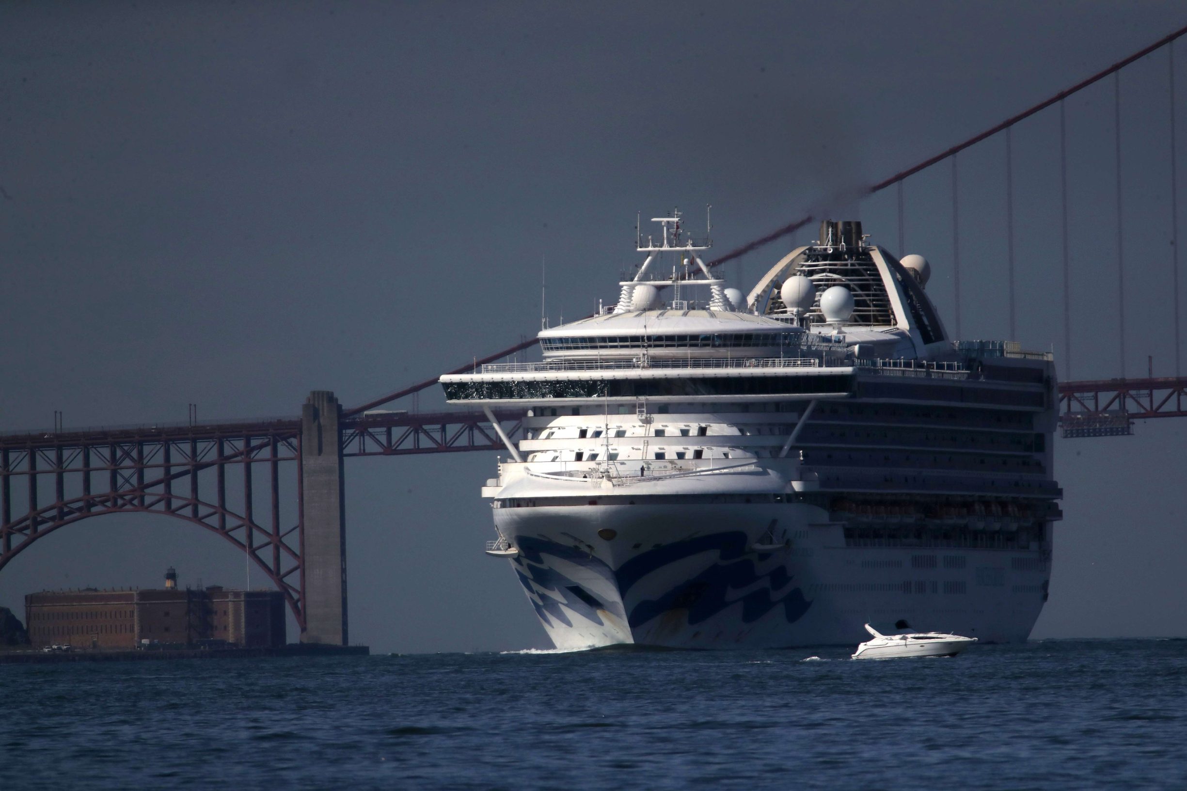 SAN FRANCISCO, CALIFORNIA - MARCH 09: The Princess Cruises Grand Princess cruise ship travels in front of the Golden Gate Bridge on its way to a port in Oakland, CA on March 09, 2020 as seen from the Treasure Island in San Francisco, California. The Princess Cruises Grand Princess has been held from docking until today as at least 21 people on board have tested positive for COVID-19 also known as the Coronavirus.   Justin Sullivan/Getty Images/AFP
== FOR NEWSPAPERS, INTERNET, TELCOS & TELEVISION USE ONLY ==