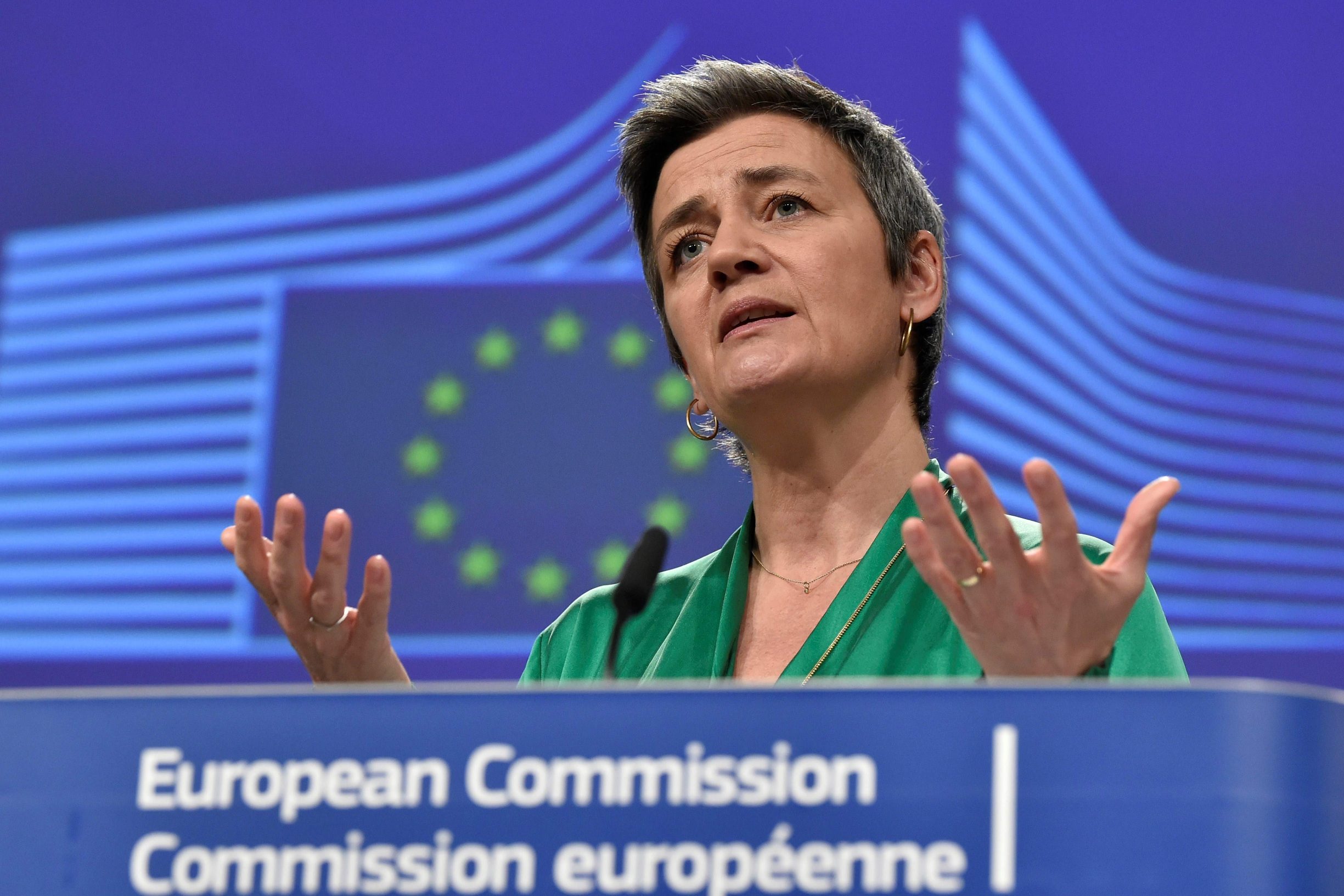 Executive Vice President of the European Commission for a Europe Fit for the Digital Age and European Commissioner for Competition, Margrethe Vestager speaks during a press conference to present the economic response to the Covid-19 crisis at the EU headquarters in Brussels on March 13, 2020. (Photo by JOHN THYS / AFP)