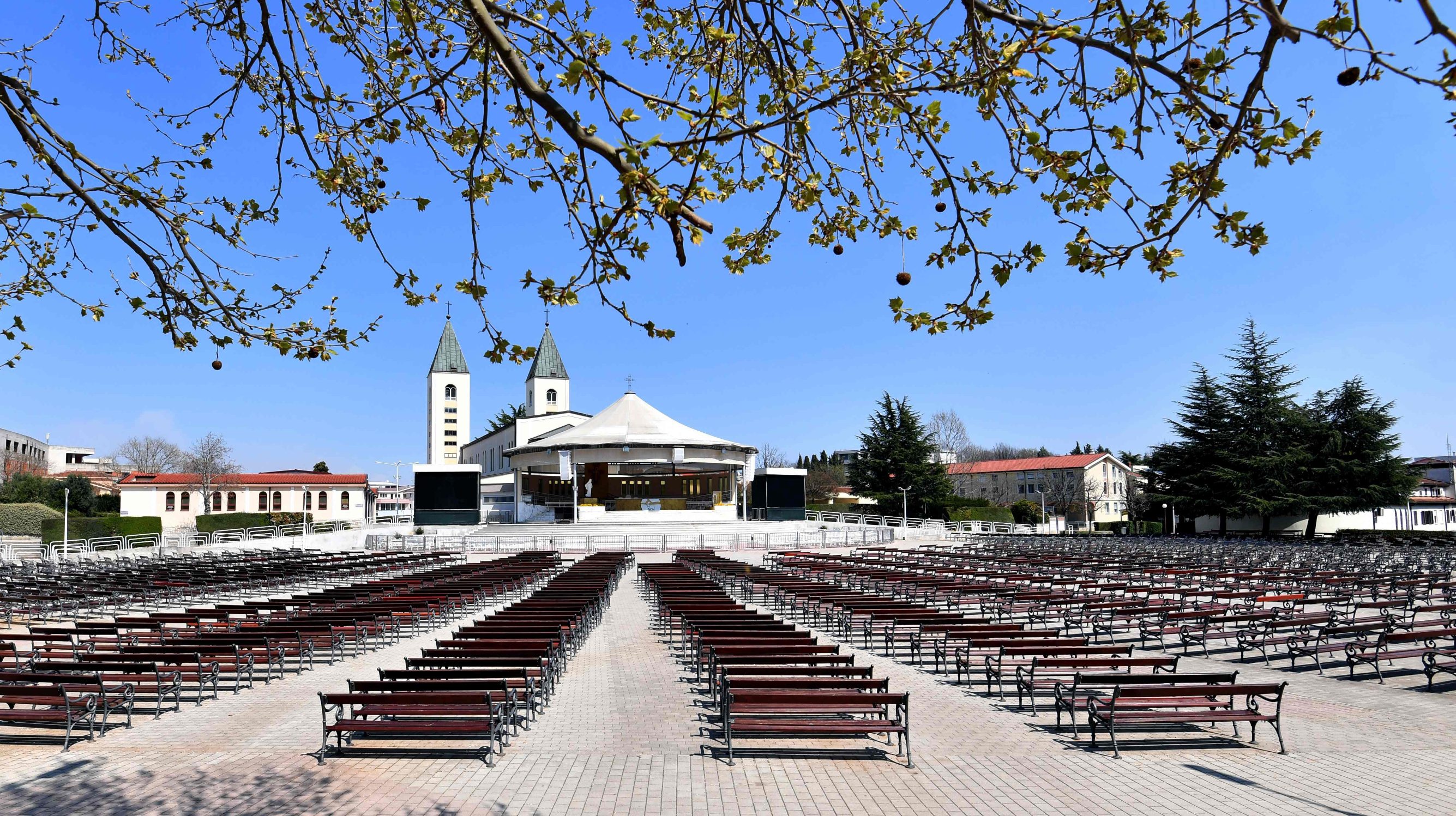 General view of the empty auditorium of St Jacob church, at Marian pilgrimage site, in the southern Bosnian town of Medjugorje, usually riddled with thousands of Catholic believers, on April 7, 2020 during a lockdown to stop the spread of COVID-19 (novel coronavirus). - Ever since the Virgin Mary was said to appear before six teenagers on a hill in Bosnia four decades ago, pilgrims have flocked to the town of Medjugorje, eager to witness a miracle. (Photo by ELVIS BARUKCIC / AFP)