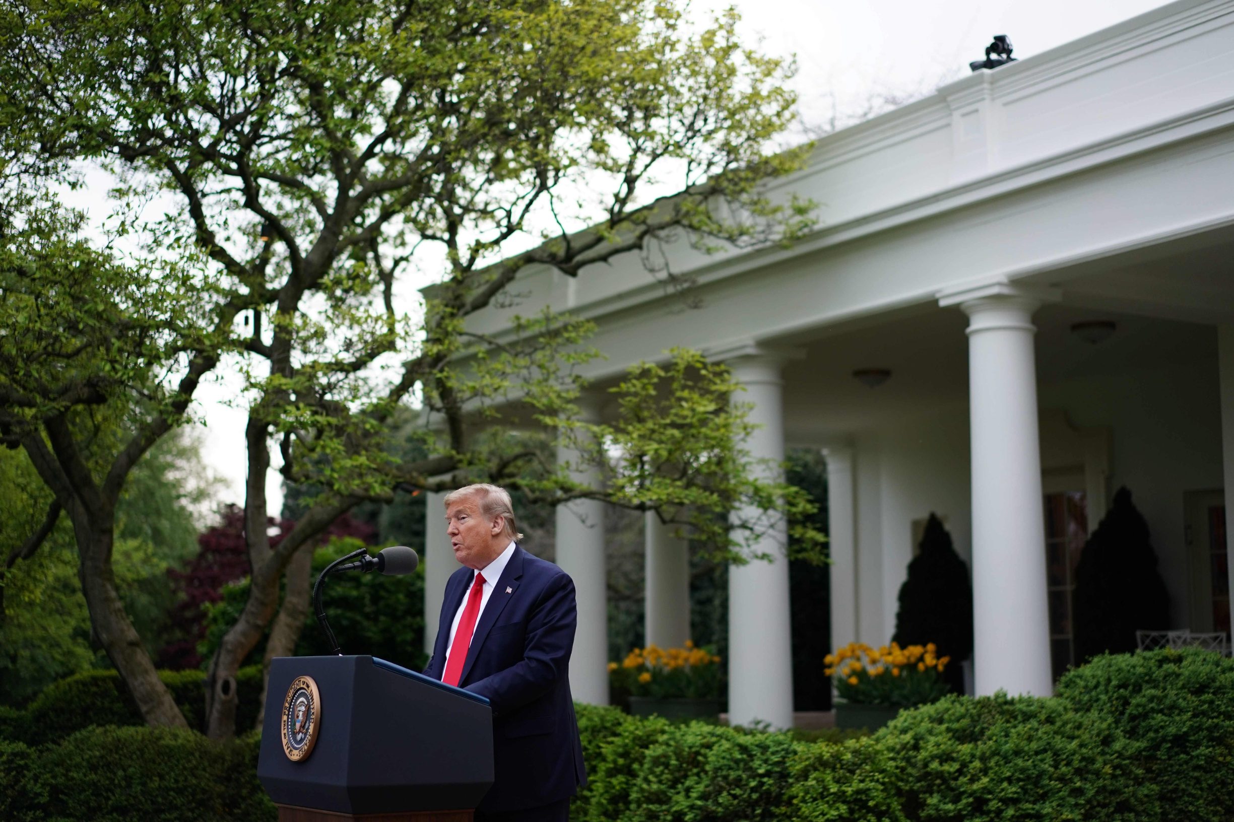 US President Donald Trump speaks during the daily briefing on the novel coronavirus, which causes COVID-19, in the Rose Garden of the White House on April 14, 2020, in Washington, DC. (Photo by MANDEL NGAN / AFP)