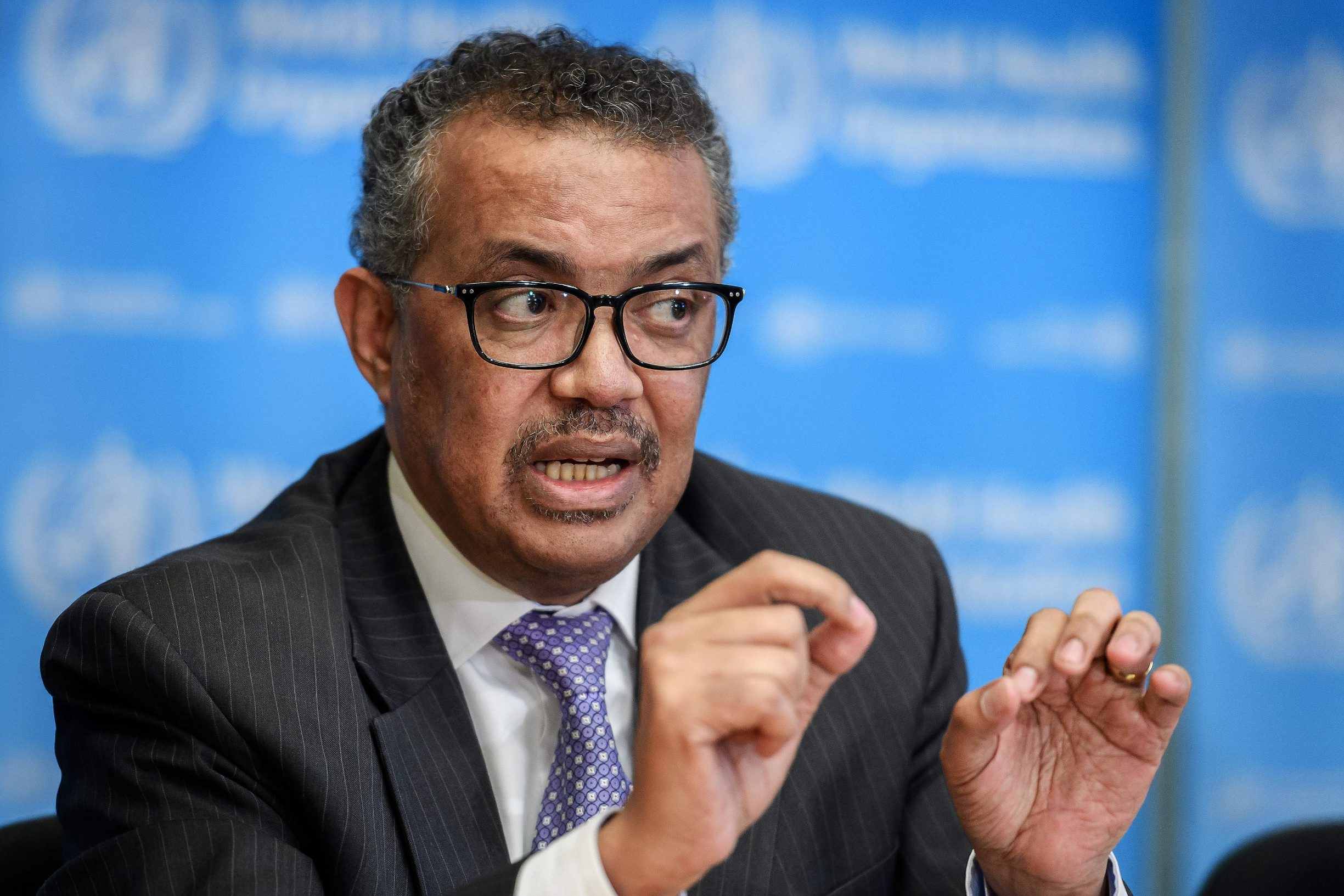 (FILES) In this file photo taken on March 09, 2020, World Health Organization (WHO) Director-General Tedros Adhanom Ghebreyesus speaks during a daily press briefing on COVID-19 virus at the WHO headquaters in Geneva. - US President Donald Trump announced on April 14, 2020, a suspension of US funding to the World Health Organization because he said it had covered up the seriousness of the COVID-19 outbreak in China before it spread around the world. Trump told a press conference he was instructing his administration to halt funding while 