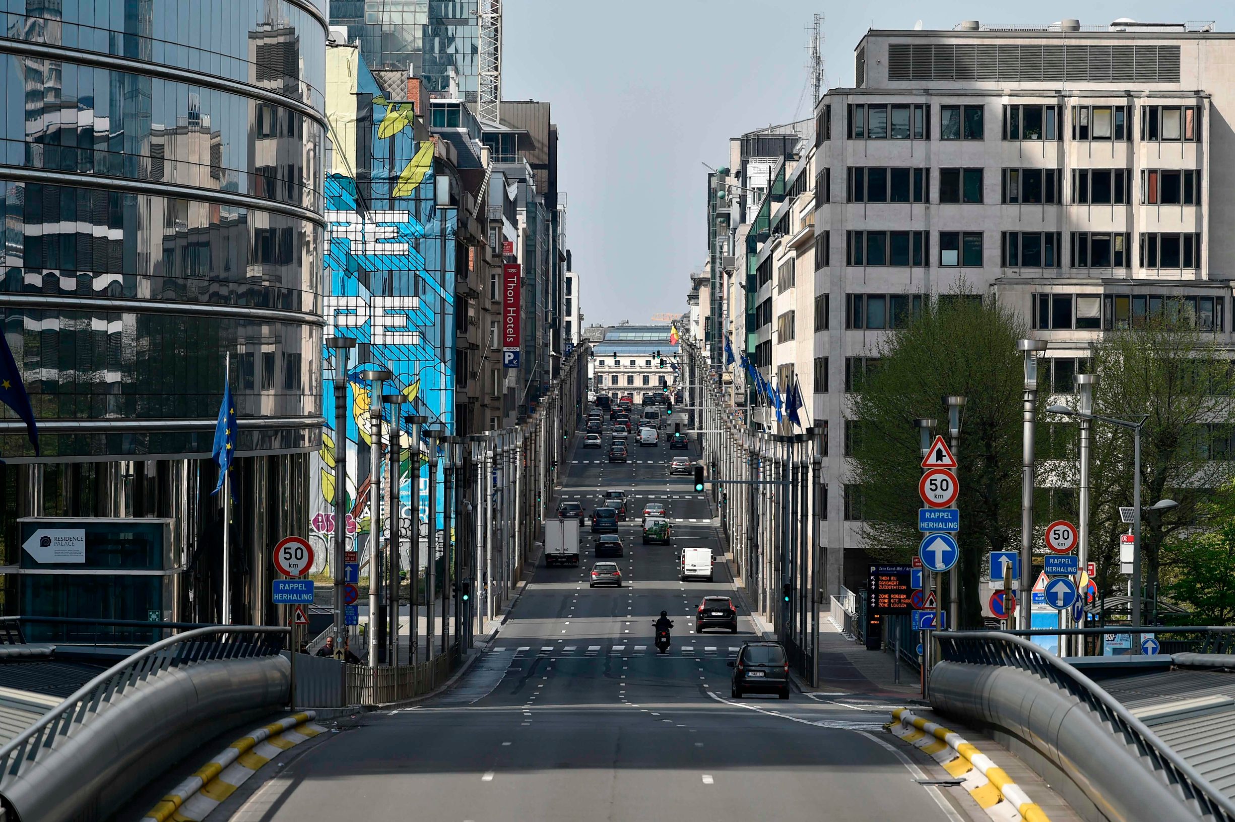 A picture taken on April 15, 2020 shows a street of Brussels, as a strict lockdown has been in place for the past five weeks to stop the spread of COVID-19, the disease caused by the novel coronavirus. (Photo by JOHN THYS / AFP)