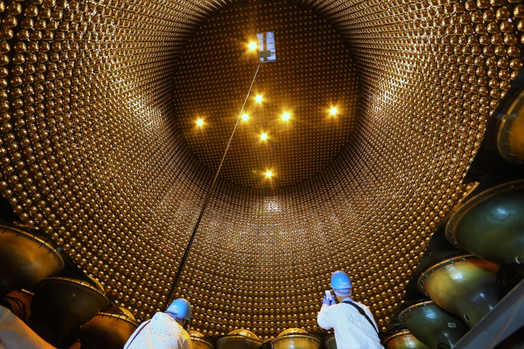 Inside of the tank of Super-Kamiokande, the world's largest underground Neutrino detector, is shown to media in Hida City, Gifu Prefecture on Sep.9, 2018.  Super-Kamiokande is under repairing construction and the water inside the tank is drained. After the media tour, a preparation work to restart the observation is scheduled.( The Yomiuri Shimbun )