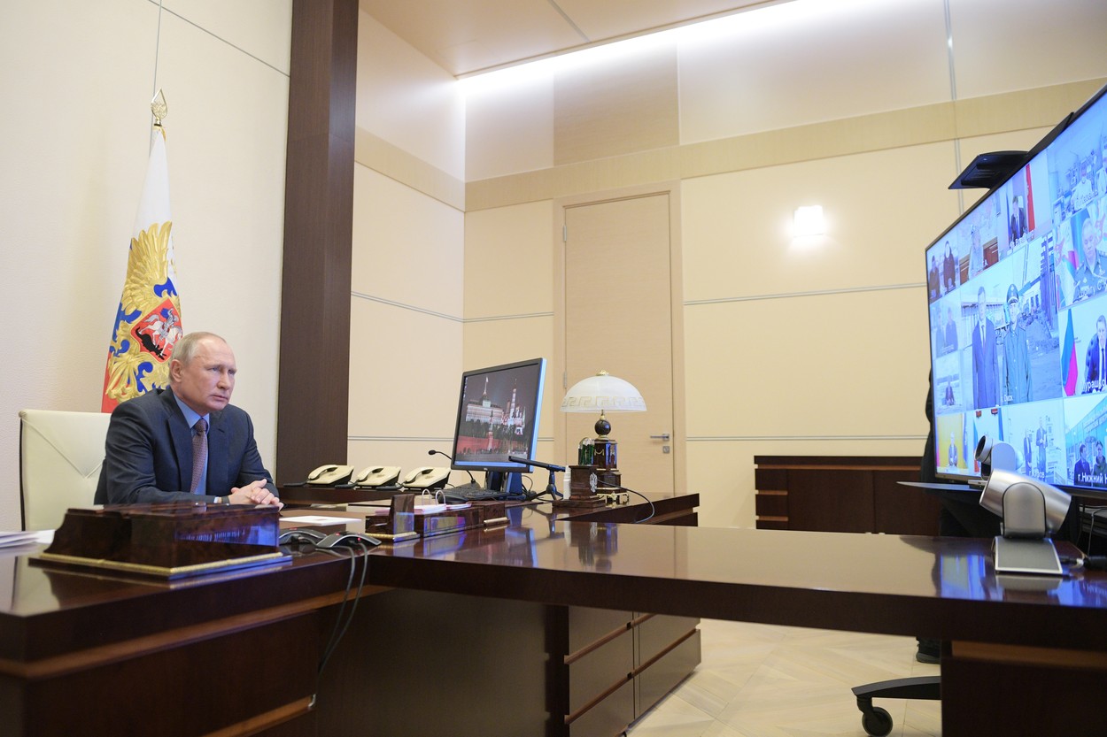 6223903 17.04.2020 Russian President Vladimir Putin attends a meeting on the construction and re-profiling of hospital facilities for coronavirus patients in Russia's regions, via teleconference call at Novo-Ogaryovo state residence, outside Moscow, Russia., Image: 514170307, License: Rights-managed, Restrictions: , Model Release: no, Credit line: Alexei Druzhinin / Sputnik / Profimedia