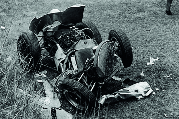 20th April 1962:  The wreckage of the experimental Lotus-Climax V8 driven by British racing driver Stirling Moss, after a serious crash at Goodwood. Moss survived the crash, but subsequently retired from from top-class professional racing.  (Photo by Victor Blackman/Express/Getty Images)