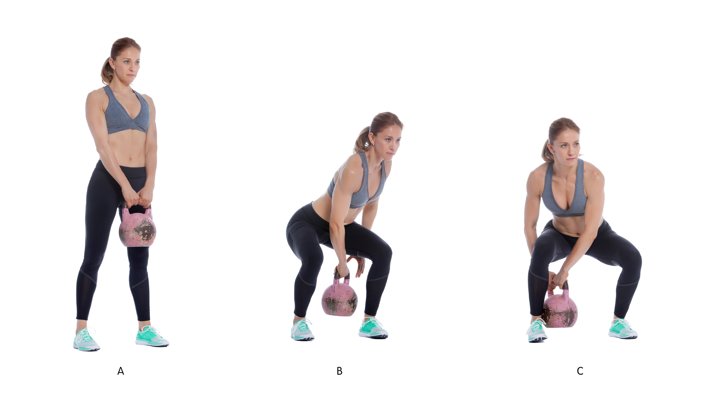 Athletic woman performing a functional exercise with kettlebell.