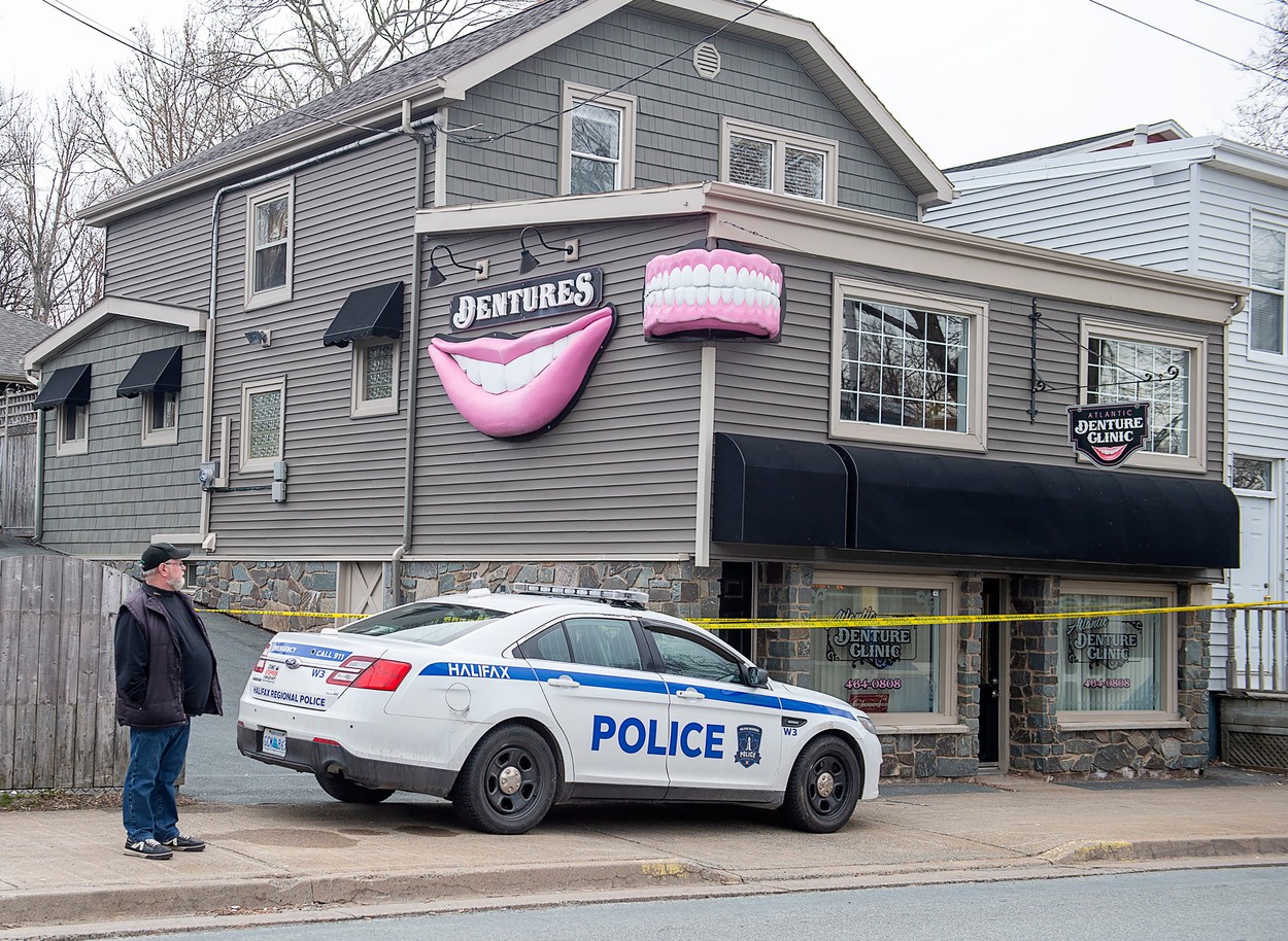 The Atlantic Denture Clinic is guarded by police in Dartmouth, N.S. on Monday, April 20, 2020. The business is owned by alleged killer Gabriel Wortman. Police say 17 people are dead, including RCMP Const. Heidi Stevenson, after a man went on a murder spree in several Nova Scotia communities. Wortman, 51, was shot and killed by police., Image: 514343805, License: Rights-managed, Restrictions: World rights excluding North America, Model Release: no, Credit line: Andrew Vaughan / PA Images / Profimedia