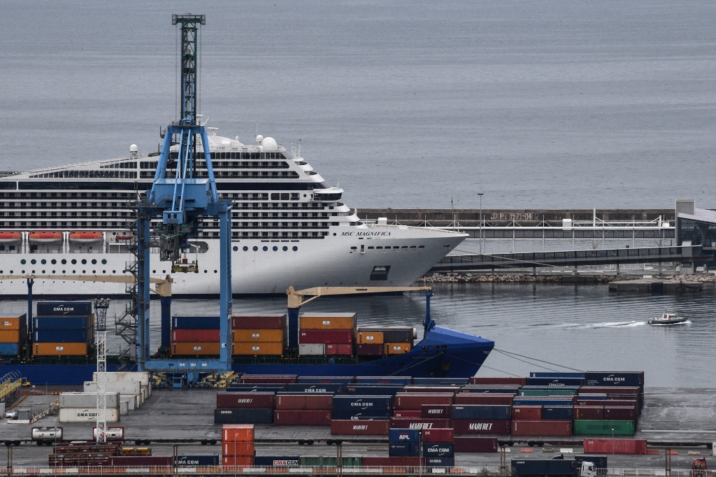 The cruise ship Magnifica of the company MSC is docked at the port of Marseille, after the disembarkation of its passengers in Marseille, southern France on April 20, 2020 on the 35th day of a strict lockdown in France aimed at curbing the spread of the COVID-19 infection caused by the novel coronavirus. (Photo by Anne-Christine POUJOULAT / AFP)