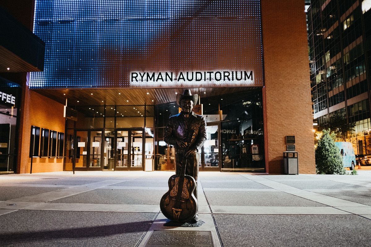 NASHVILLE, TN - APRIL 08: The Ryman Auditorium is seen at night on April 8, 2020 in Nashville, Tennessee.  All establishments have been closed due to the coronavirus (COVID-19).  (Photo by Jason Kempin/Getty Images)