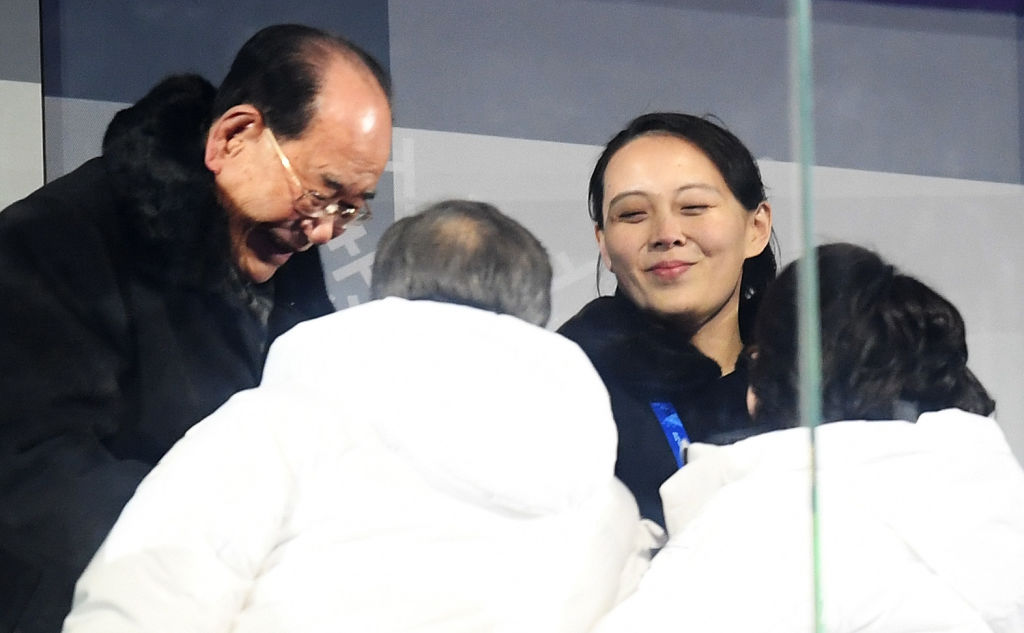 PYEONGCHANG-GUN, SOUTH KOREA - FEBRUARY 09:  Kim Yo-jong shakes hands with  President of South Korea, Moon Jae-in during the Opening Ceremony of the PyeongChang 2018 Winter Olympic Games at PyeongChang Olympic Stadium on February 9, 2018 in Pyeongchang-gun, South Korea.  (Photo by Matthias Hangst/Getty Images)