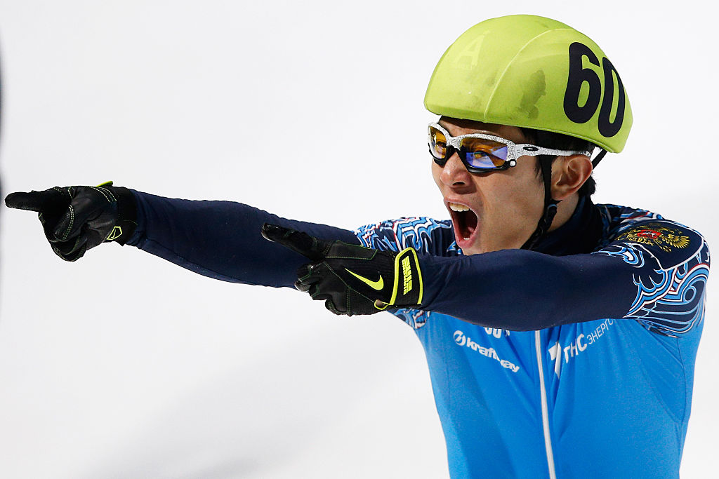 DORDRECHT, NETHERLANDS - JANUARY 25: Victor An of Russia celebrates after winning the gold medal in the Mens 5000m Relay Final during day 3 of the ISU European Short Track Speed Skating Championships at The Sportboulevard on January 25, 2015 in Dordrecht, Netherlands. Though not in the photo, Dmitry Migunov, Vladimir Grigorev, Semion Elistratov and Ruslan Zakharov also where part of the team. (Photo by Dean Mouhtaropoulos/Getty Images)