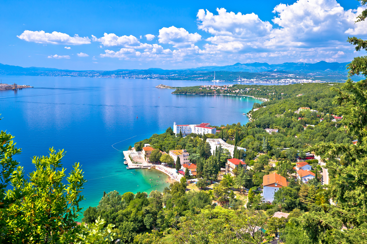 Town of Omisalj beach and coastline on Krk island aerial view, Kvarner bay of Croatia