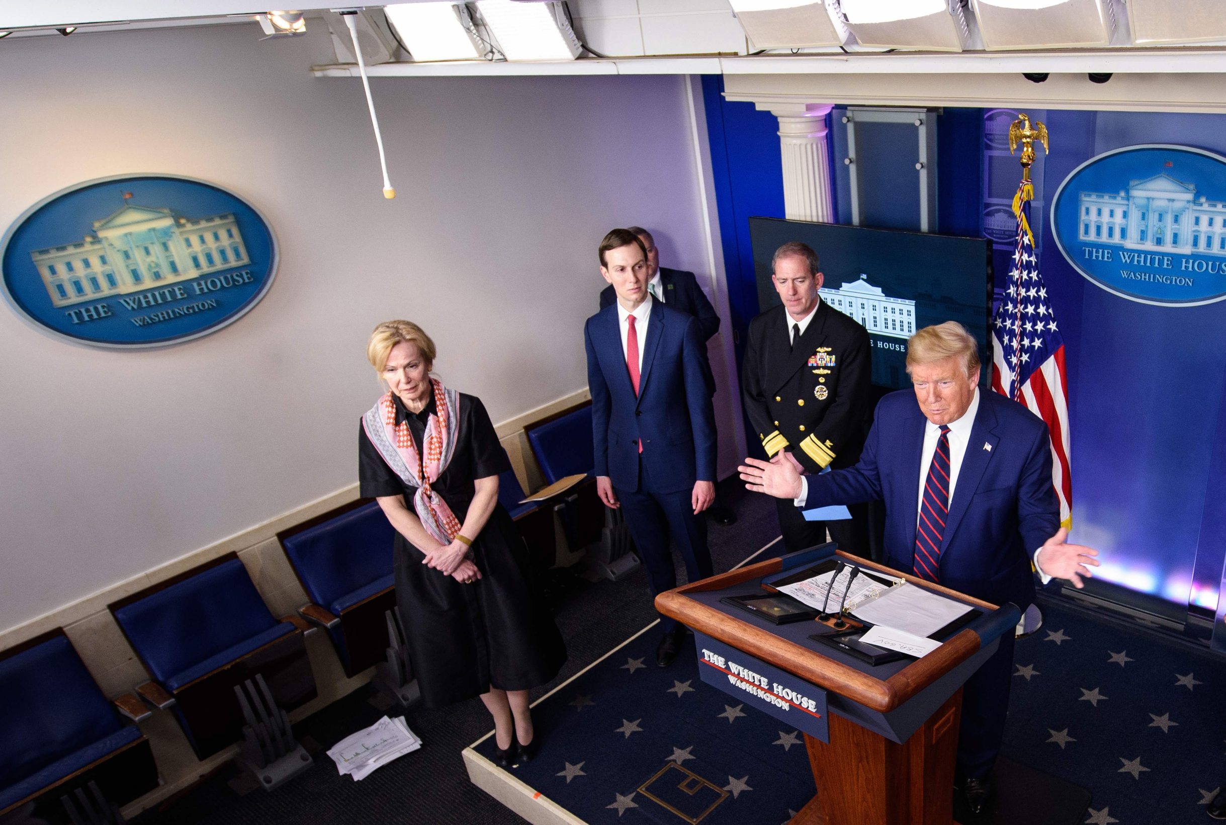 US President Donald Trump speaks, flanked by (From L) Response coordinator for White House Coronavirus Task Force Deborah Birx, Senior Advisor to the President Jared Kushner, Rear Adm. John Polowczyk, during the daily briefing on the novel coronavirus, COVID-19, in the Brady Briefing Room at the White House on April 2, 2020, in Washington, DC. (Photo by MANDEL NGAN / AFP)