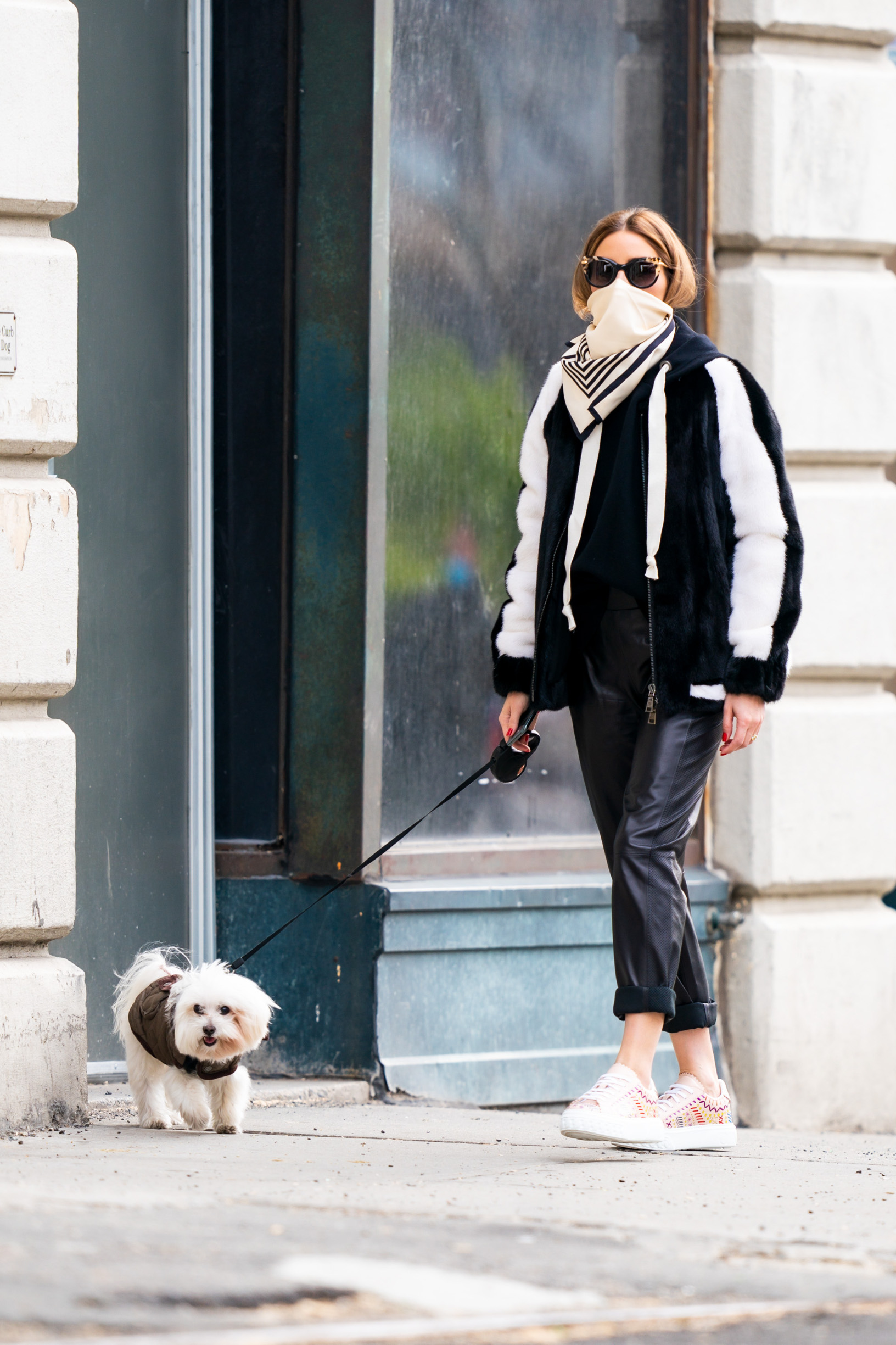 04/28/2020 EXCLUSIVE: Olivia Palermo steps out for a dog walk in New York City. The 34 year old socialite wore a scarf over her mouth, black & white teddy coat, black trousers, and pink trainers., Image: 515744874, License: Rights-managed, Restrictions: Exclusive NO usage without agreed price and terms. Please contact sales@theimagedirect.com, Model Release: no, Credit line: TheImageDirect.com / The Image Direct / Profimedia
