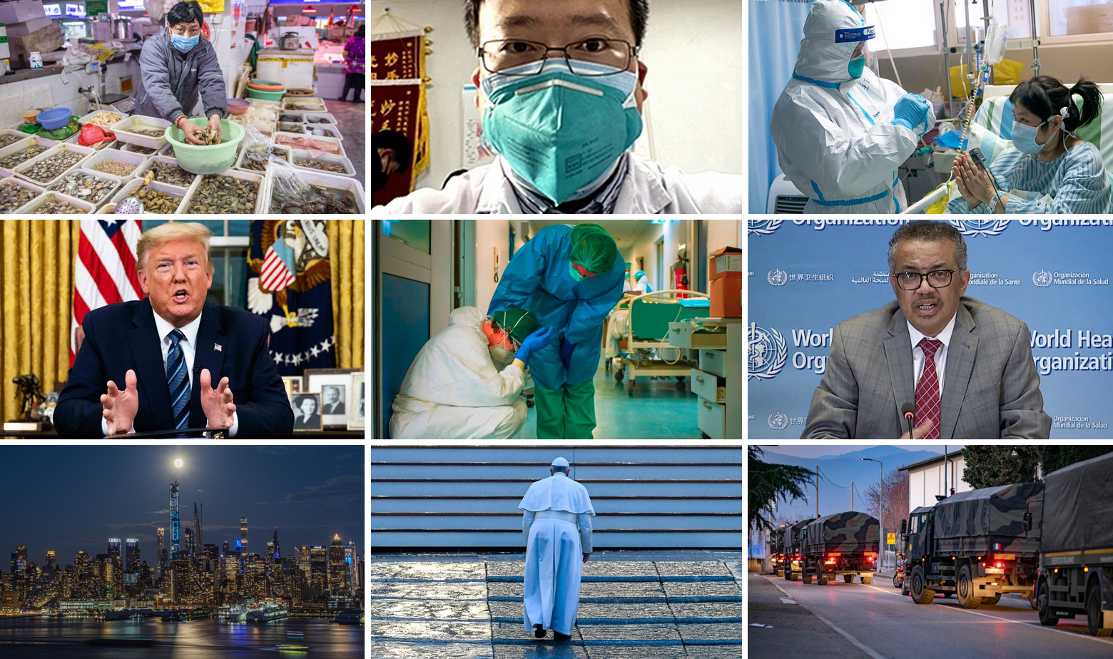 Pamtljivi prizori tijekom globalne pandemije koronavirusa, na slici Li Wenliang (gore u sredini), Donald Trump (lijevo), Tedros Adhanom Ghebreyesus (desno) i papa Franjo (dolje)