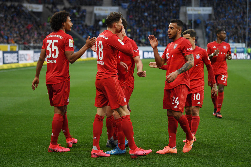 SINSHEIM, GERMANY - FEBRUARY 29: Leon Goretzka of Bayern Munich celebrates with teammates Joshua Zirkzee and Corentin Tolisso after scoring his sides sixth goal during the Bundesliga match between TSG 1899 Hoffenheim and FC Bayern Muenchen at PreZero-Arena on February 29, 2020 in Sinsheim, Germany. (Photo by Matthias Hangst/Bongarts/Getty Images)