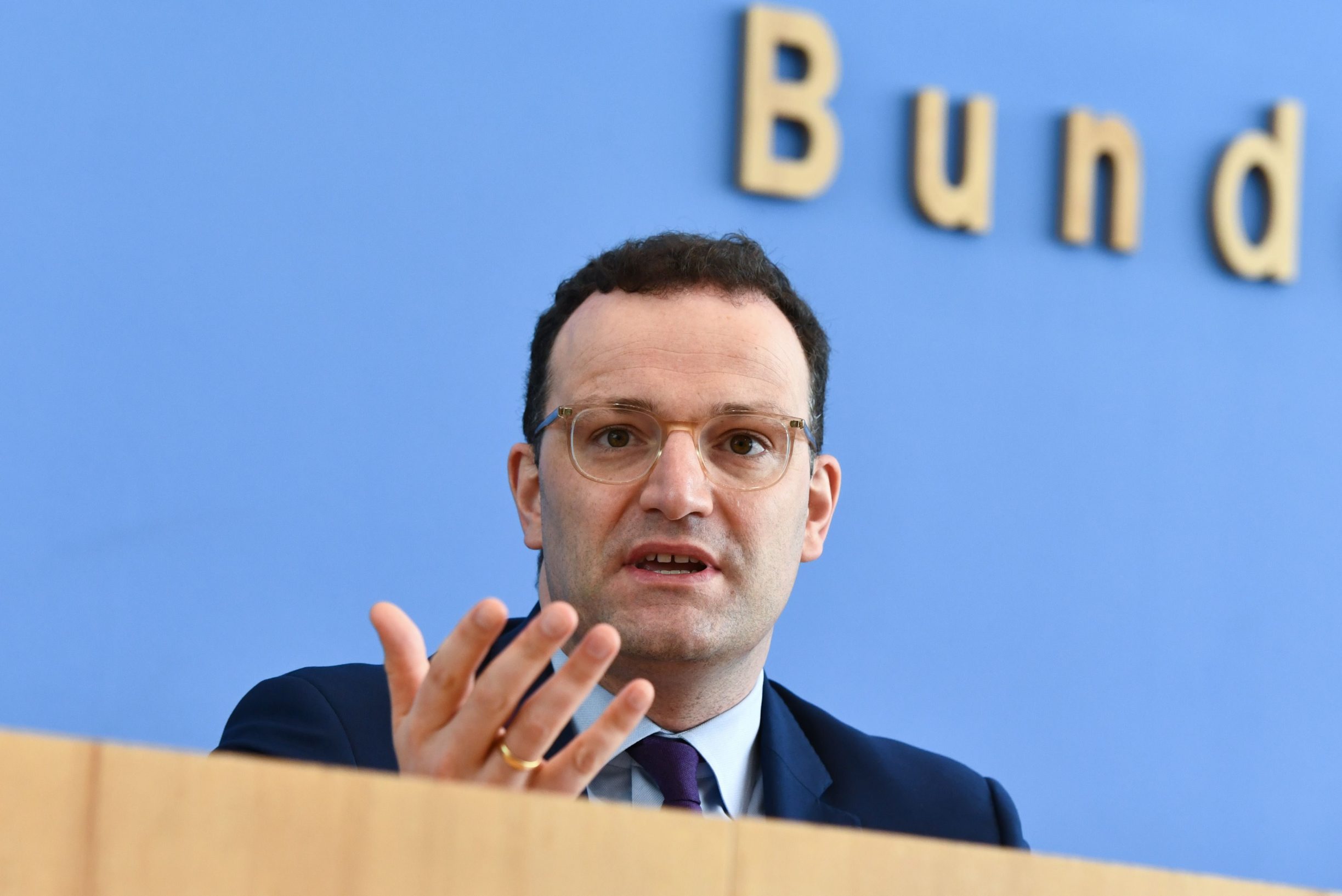German Health Minister Jens Spahn gives a press conference on the novel coronavirus COVID-19 pandemic in Berlin on April 9, 2020. (Photo by ANNEGRET HILSE / POOL / AFP)