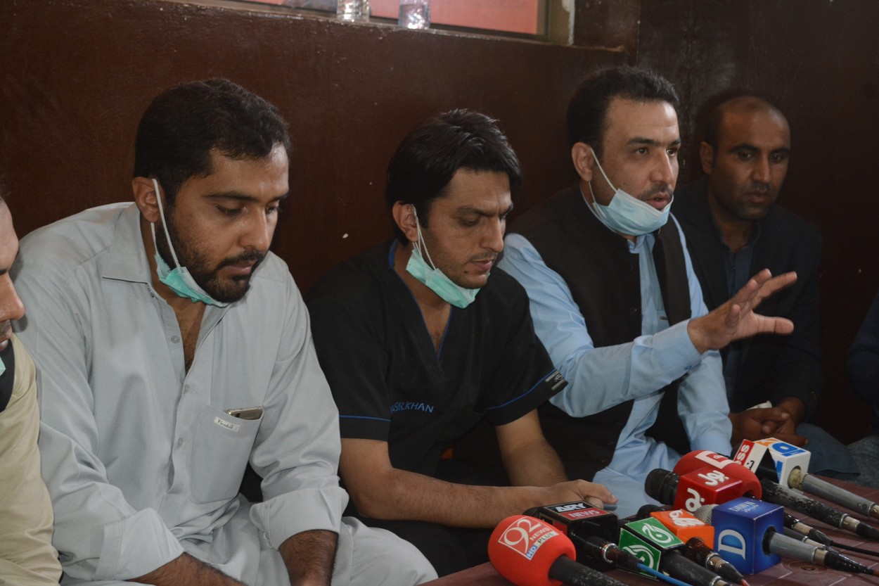 April 6, 2020, Quetta, Balochistan, Pakistan: Young Doctors Association, Pera-medical staff federation and young nurses association repetitive Dr. Yasir Achakzai, Dr. Yasir Khosti and other health staff announcing the all health service boycott during press conference after arresting doctors, paramedics and other health staff during protest against lack of facilities in the hospital by the government during Covid-19 health emergency. .â€śDoctors says in a press conference, 15 doctors infected by covid-19 and more than 50 doctors and other health workers are Quarantined in Balochistan Province. More then 100 doctors and health staff arrested by security personnel during protest., Image: 512579757, License: Rights-managed, Restrictions: , Model Release: no, Credit line: Din Muhammad Watanpaal / Zuma Press / Profimedia