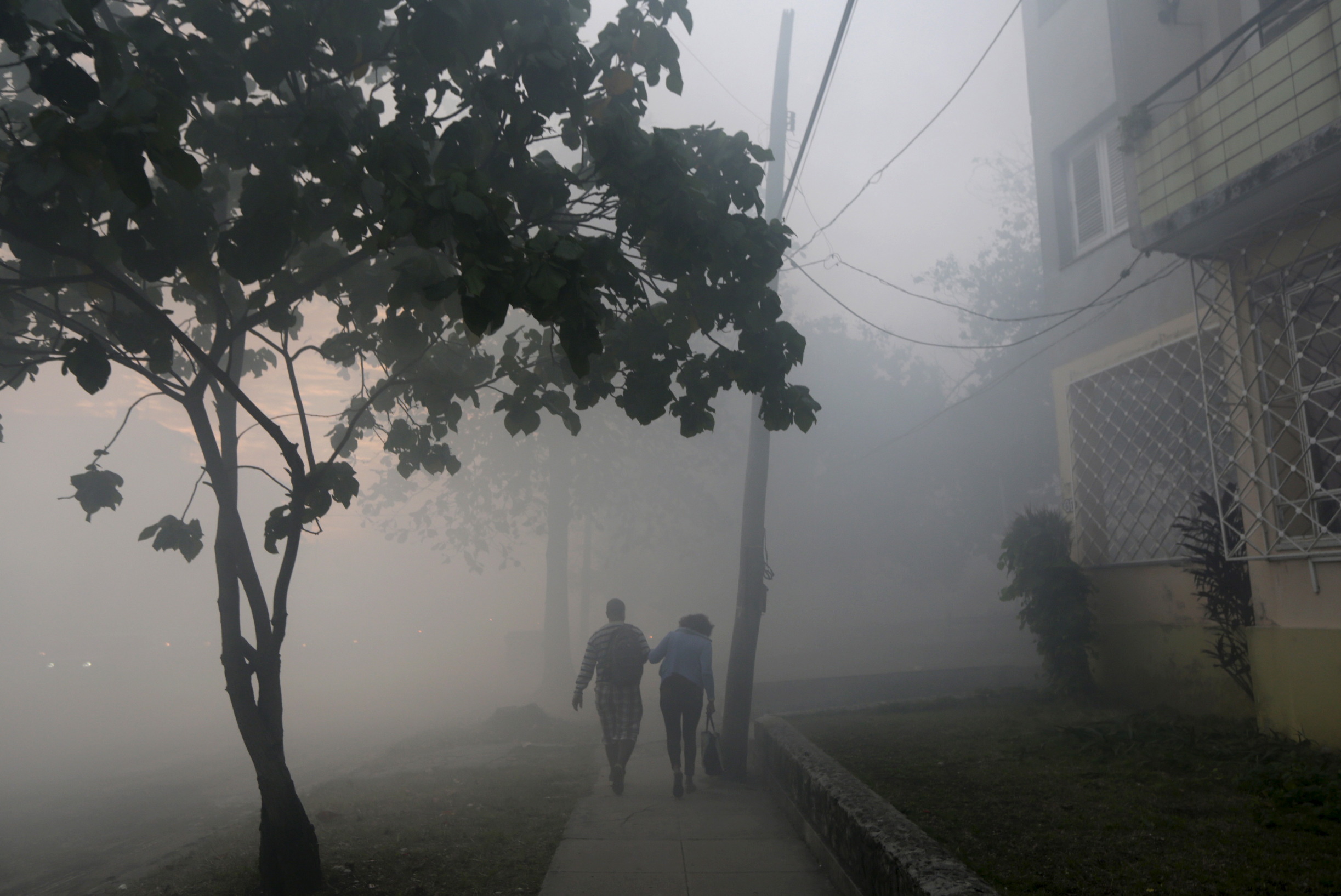 People walk among clouds of insecticide after a fumigating truck moved past in Havana March 1, 2016. Cuba conducts regular fumigation inside homes to check the spread of dengue, a virus transmitted by the Aedes aegypti mosquito that causes a fever which can be deadly. The same mosquito can also spread the Zika virus, although the Cuban government says there have been no reported cases of the disease in the country. REUTERS/Enrique de la Osa - RTS8QQU