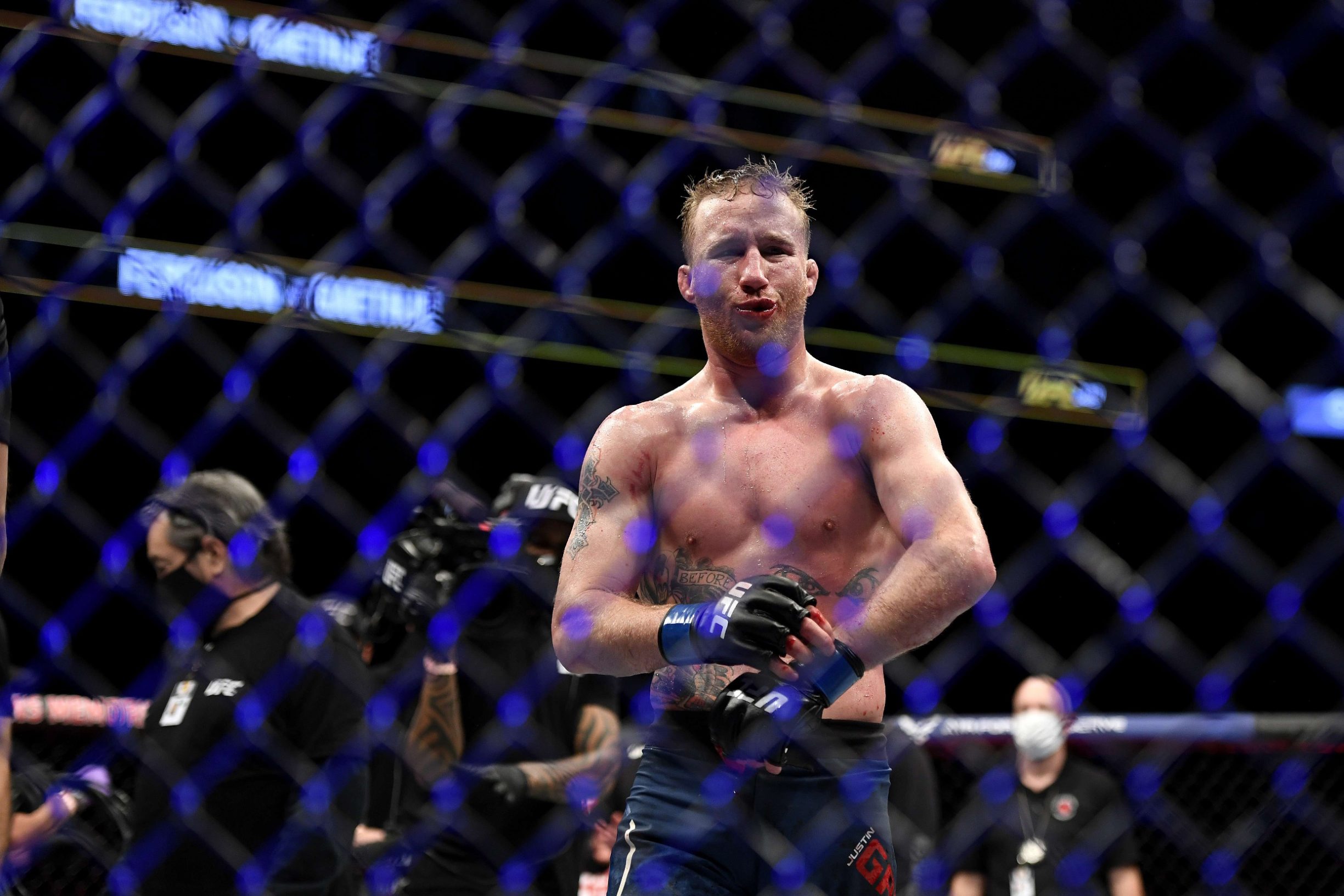 JACKSONVILLE, FLORIDA - MAY 09: Justin Gaethje of the United States celebrates after defeating Tony Ferguson of the United States in their Interim lightweight title fight during UFC 249 at VyStar Veterans Memorial Arena on May 09, 2020 in Jacksonville, Florida.   Douglas P. DeFelice/Getty Images/AFP
== FOR NEWSPAPERS, INTERNET, TELCOS & TELEVISION USE ONLY ==