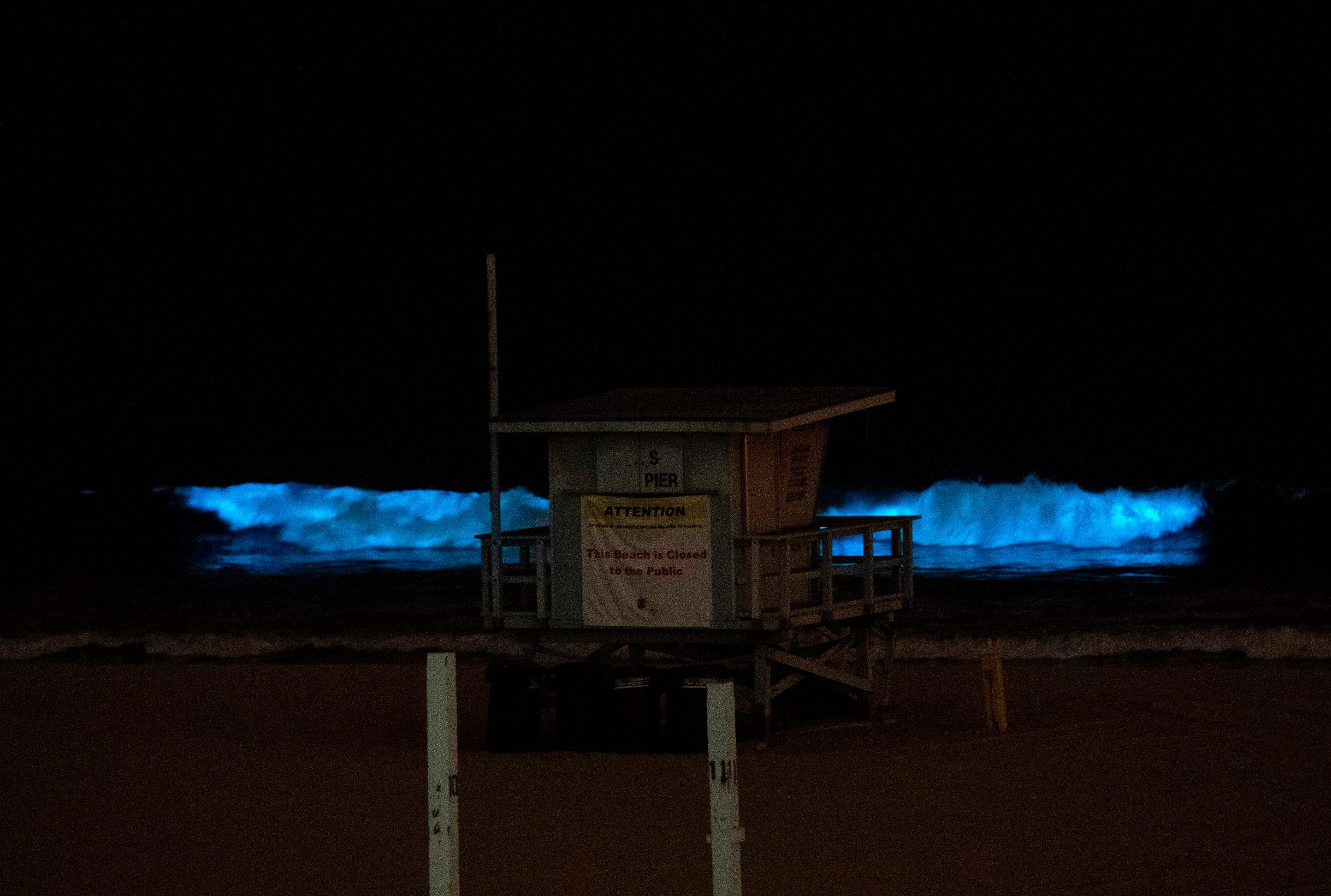 A lifeguard tower is seen as bioluminescent waves crash on the sand, shining with a blue glow on April 28, 2020, in Manhattan Beach, California. - Bioluminescence is a phenomenon caused by certain kinds of phytoplankton associated with red tide that by night generate a pulse of blue light as the waves crash. (Photo by VALERIE MACON / AFP)
