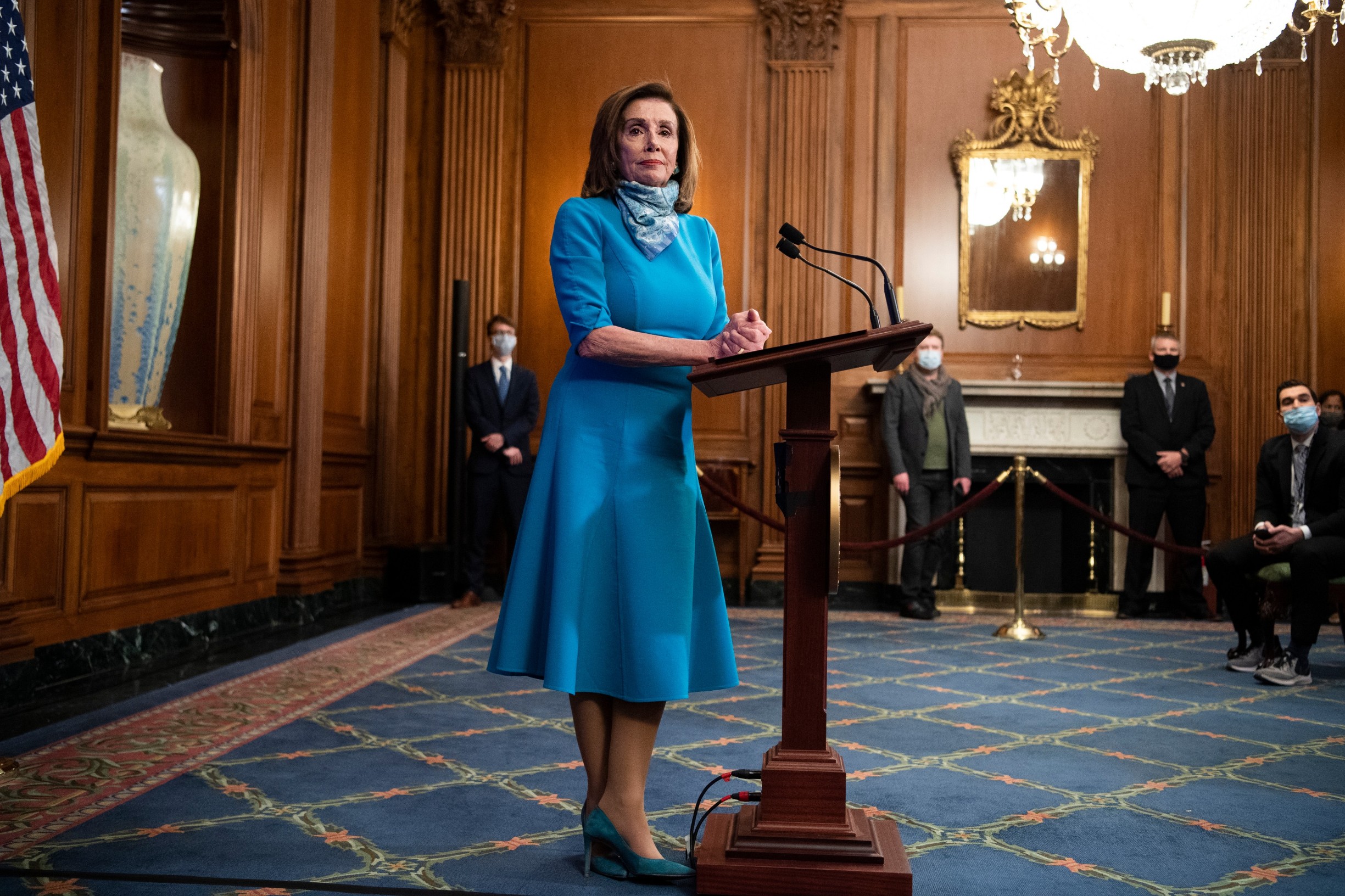 UNITED STATES - MAY 7: Speaker of the House Nancy Pelosi, D-Calif., conducts a news conference in the CapitolŐs Rayburn Room where she took questions from reporters working offsite because of the COVID-19 pandemic on Thursday, May 7, 2020., Image: 517801079, License: Rights-managed, Restrictions: *** World Rights *** Minimum Rates Apply in the US:  for Print,  for Web ***, Model Release: no, Credit line: CQ-Roll Call / ddp USA / Profimedia