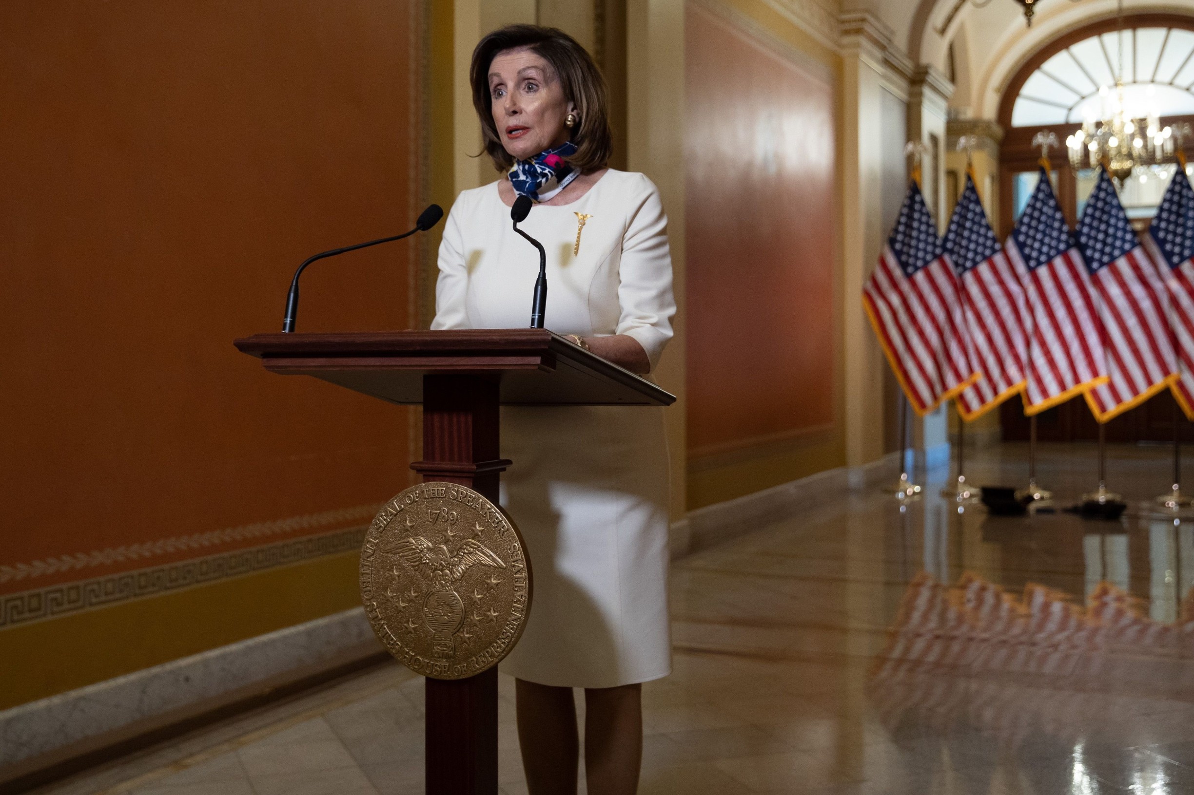 Speaker of the United States House of Representatives Nancy Pelosi (Democrat of California) delivers a statement on Capitol Hill, in Washington D.C., Tuesday, May 12, 2020, on the Heroes Act aid package introduced by House democrats. The legislation provides nearly  trillion for states and cities, and 