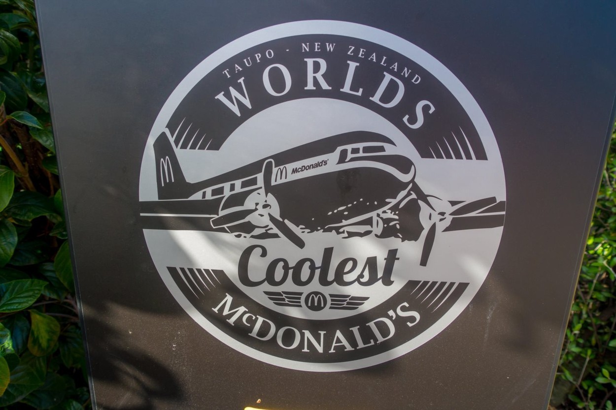 NORTH ISLAND, NEW ZEALAND- MAY 18, 2017: An informative sign of the amazing DC3 plane as part of the McDonald's located at Taupo,New Zealand, and it is 10 coolest McDonald's around the world list., Image: 342138122, License: Royalty-free, Restrictions: , Model Release: no, Credit line: Sunshine Pics / Alamy / Alamy / Profimedia