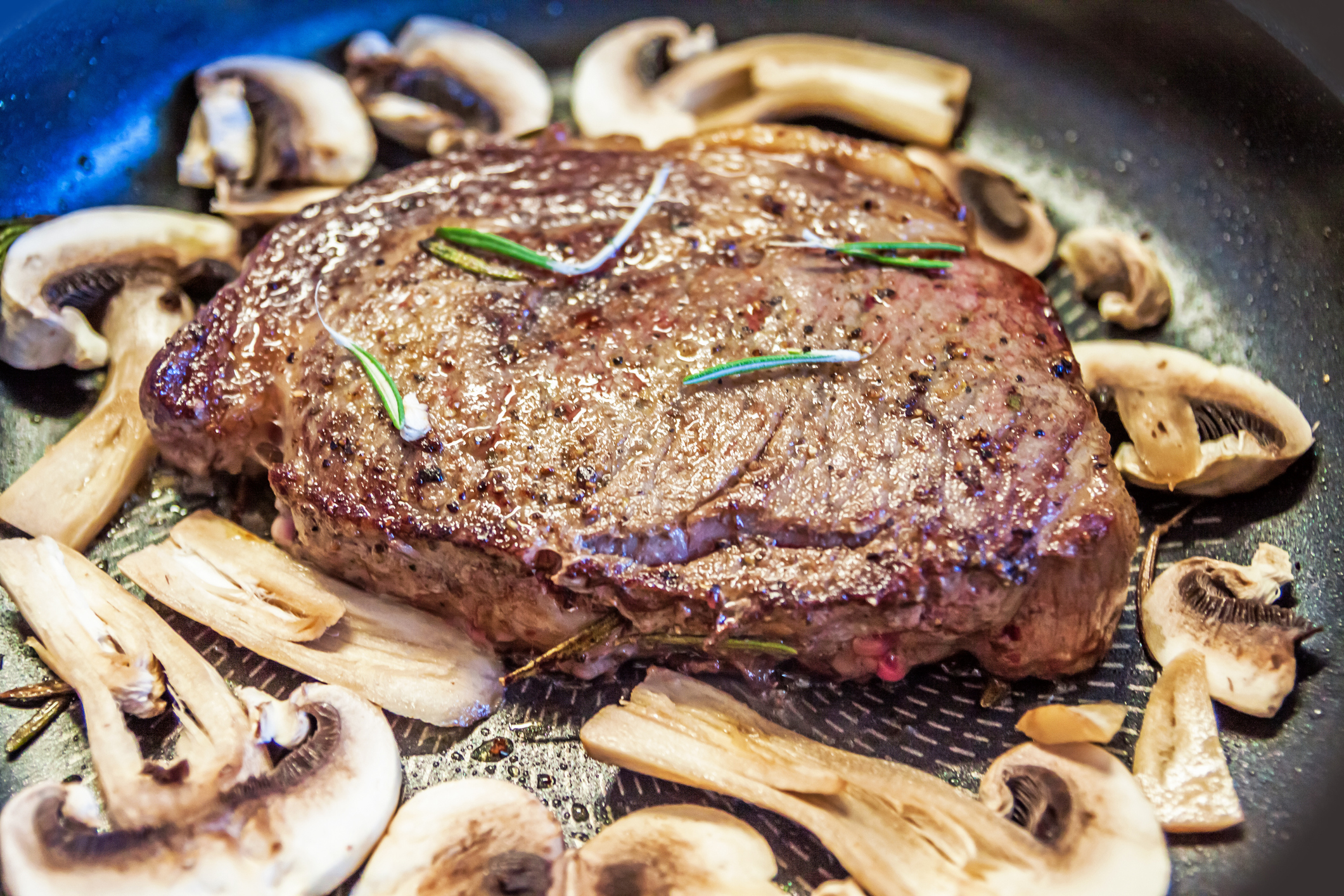 Roasted rib eye steak with mushrooms