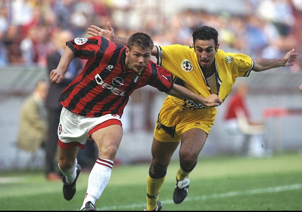 8 Sep 1996: Zvonomir Boban of AC Milan (left) in action during the Serie A match against Verona at the San Siro in Milan, Italy. \ Mandatory Credit: Stu Forster /Allsport