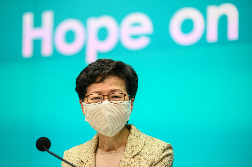 Hong Kong's Chief Executive Carrie Lam speaks during a press conference on the city�s COVID-19 novel coronavirus situation at the government headquarters in Hong Kong on May 5, 2020. (Photo by Anthony WALLACE / AFP)
