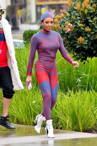 Mel B  wears a futuristic looking outfit on her way to judge America's got Talent in Pasadena. Her printed ensemble came full with a hood. she was joined by her friend  Gary.
22 Mar 2018, Image: 366702673, License: Rights-managed, Restrictions: World Rights, Model Release: no, Credit line: Snorlax / MEGA / The Mega Agency / Profimedia